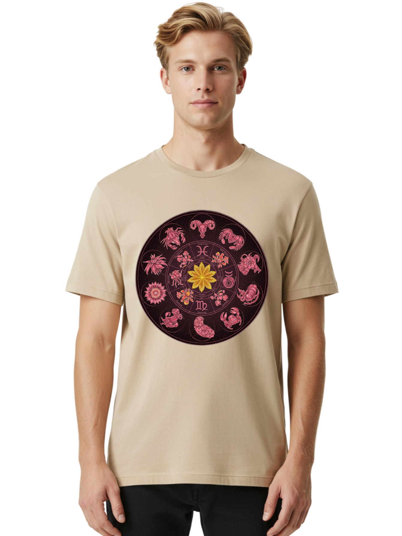 Zodiac-Circle Men'S Graphic Tee, 100% Cotton, Comfortable Casual Summer Wear, Machine Washable, Zodiac Wheel, Astrological Symbols, Floral Centerpiece, Mystical Design, Cancer, Capricorn, Virgo, Pink Illustrations, Yellow Flower, Esoteric Art, Bae337