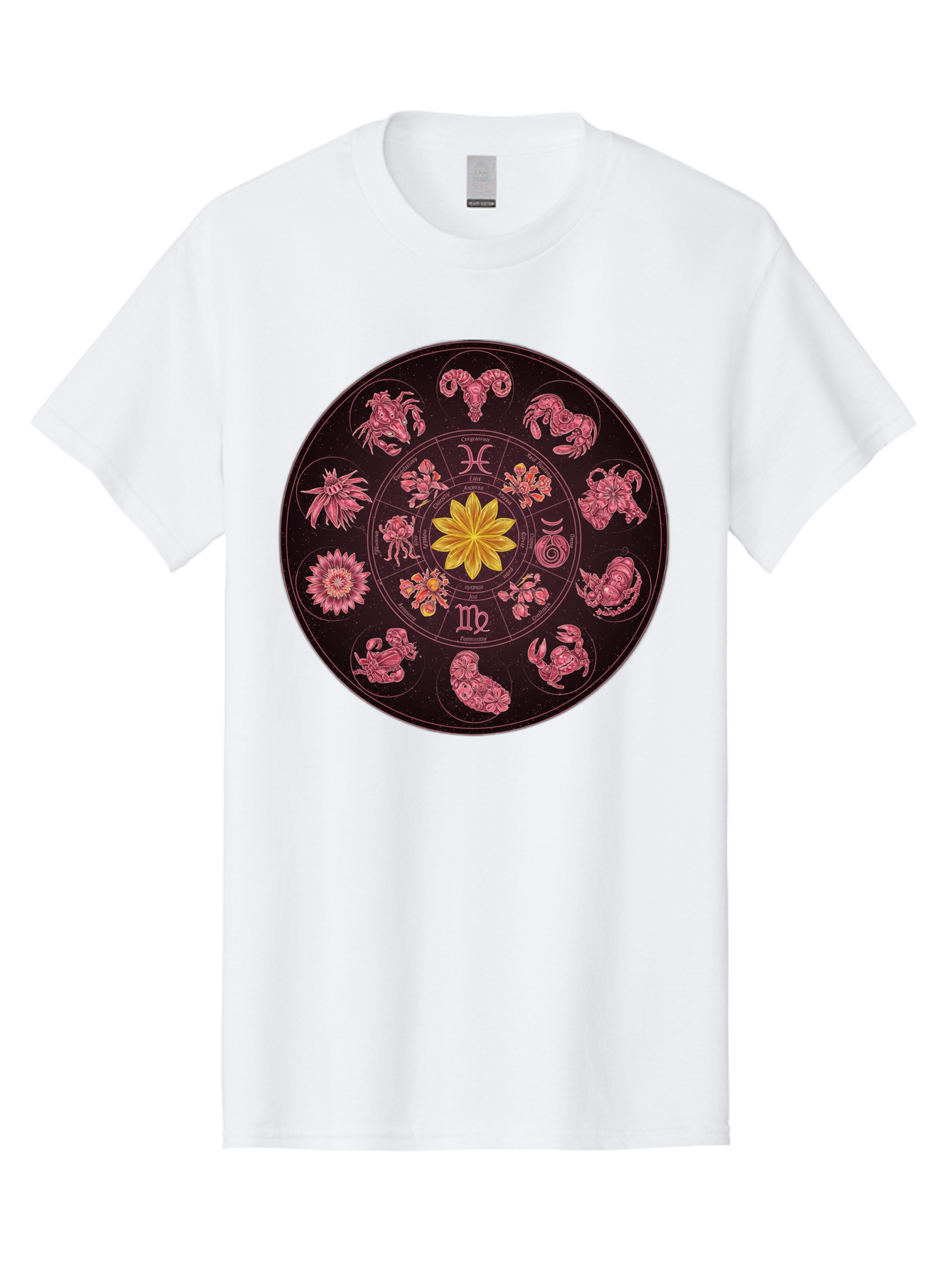 Zodiac-Circle Men'S Graphic Tee, 100% Cotton, Comfortable Casual Summer Wear, Machine Washable, Zodiac Wheel, Astrological Symbols, Floral Centerpiece, Mystical Design, Cancer, Capricorn, Virgo, Pink Illustrations, Yellow Flower, Esoteric Art, Bae337