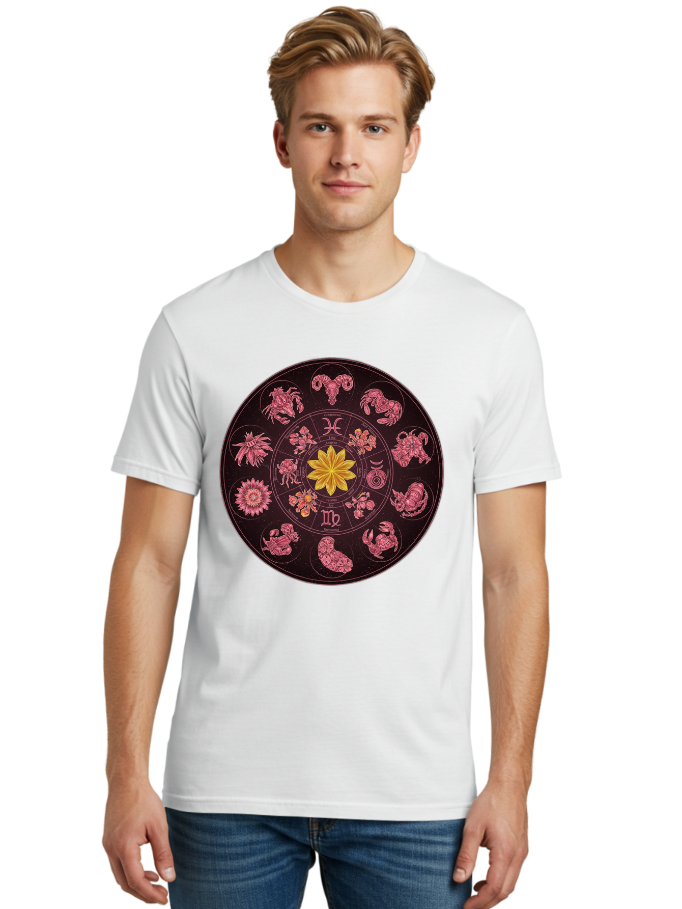 Zodiac-Circle Men'S Graphic Tee, 100% Cotton, Comfortable Casual Summer Wear, Machine Washable, Zodiac Wheel, Astrological Symbols, Floral Centerpiece, Mystical Design, Cancer, Capricorn, Virgo, Pink Illustrations, Yellow Flower, Esoteric Art, Bae337
