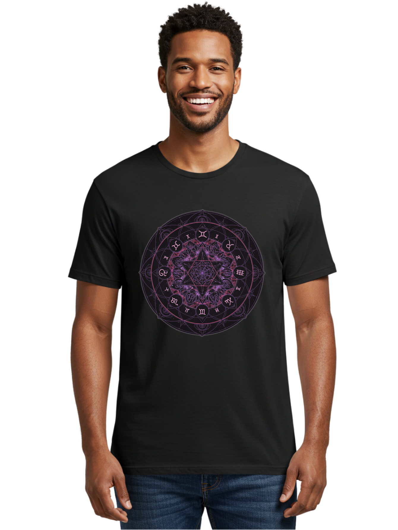 Zodiac-Mandala-1 Men'S Graphic Tee, 100% Cotton, Comfortable Casual Summer Wear, Machine Washable, Kabbalah Symbols, Zodiac Signs, Mystic Mandala, Sacred Geometry, Spiritual Art, Magical Symbols, Esoteric Wheel, Mystical Astrology Bae338