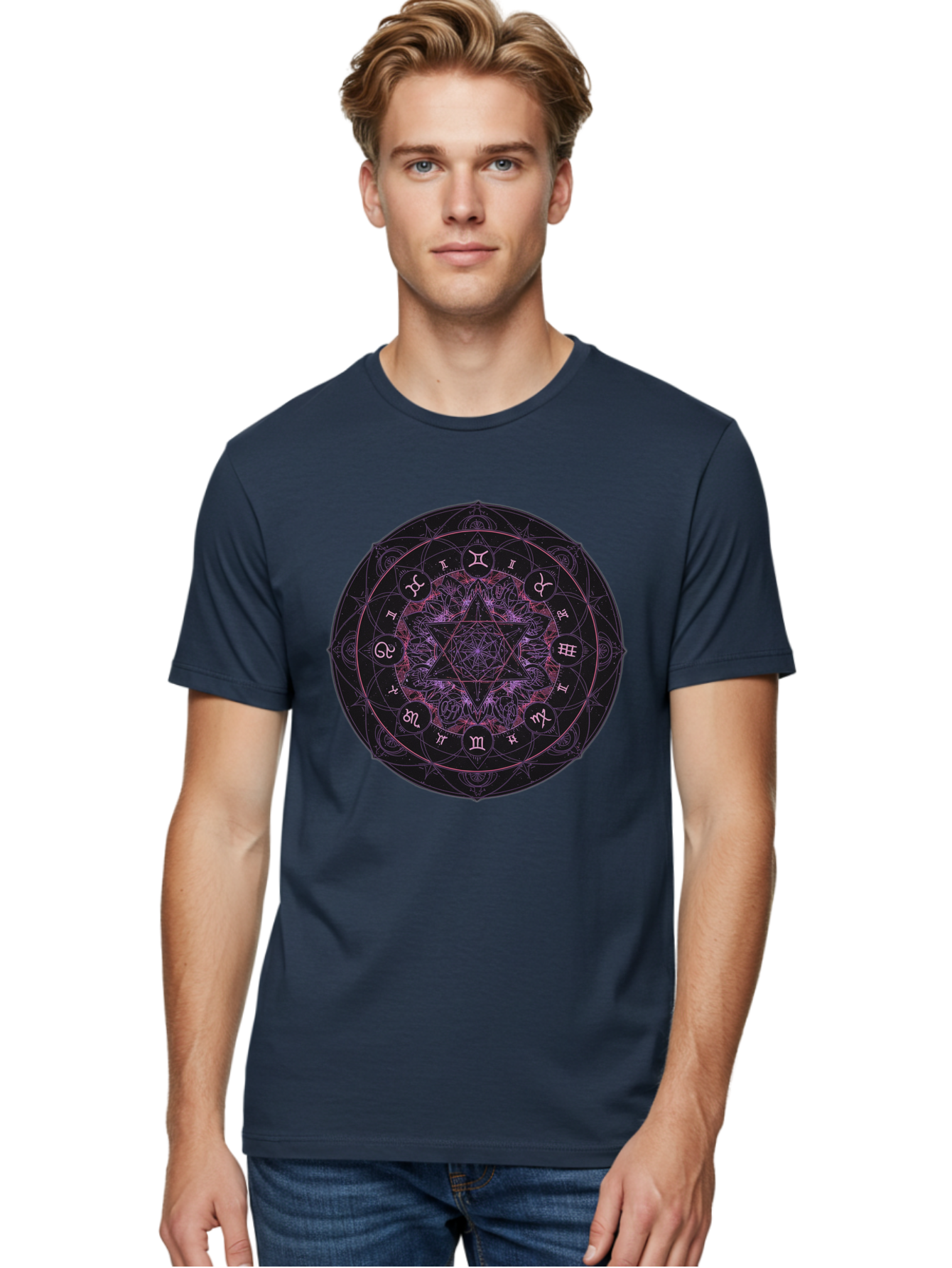 Zodiac-Mandala-1 Men'S Graphic Tee, 100% Cotton, Comfortable Casual Summer Wear, Machine Washable, Kabbalah Symbols, Zodiac Signs, Mystic Mandala, Sacred Geometry, Spiritual Art, Magical Symbols, Esoteric Wheel, Mystical Astrology Bae338