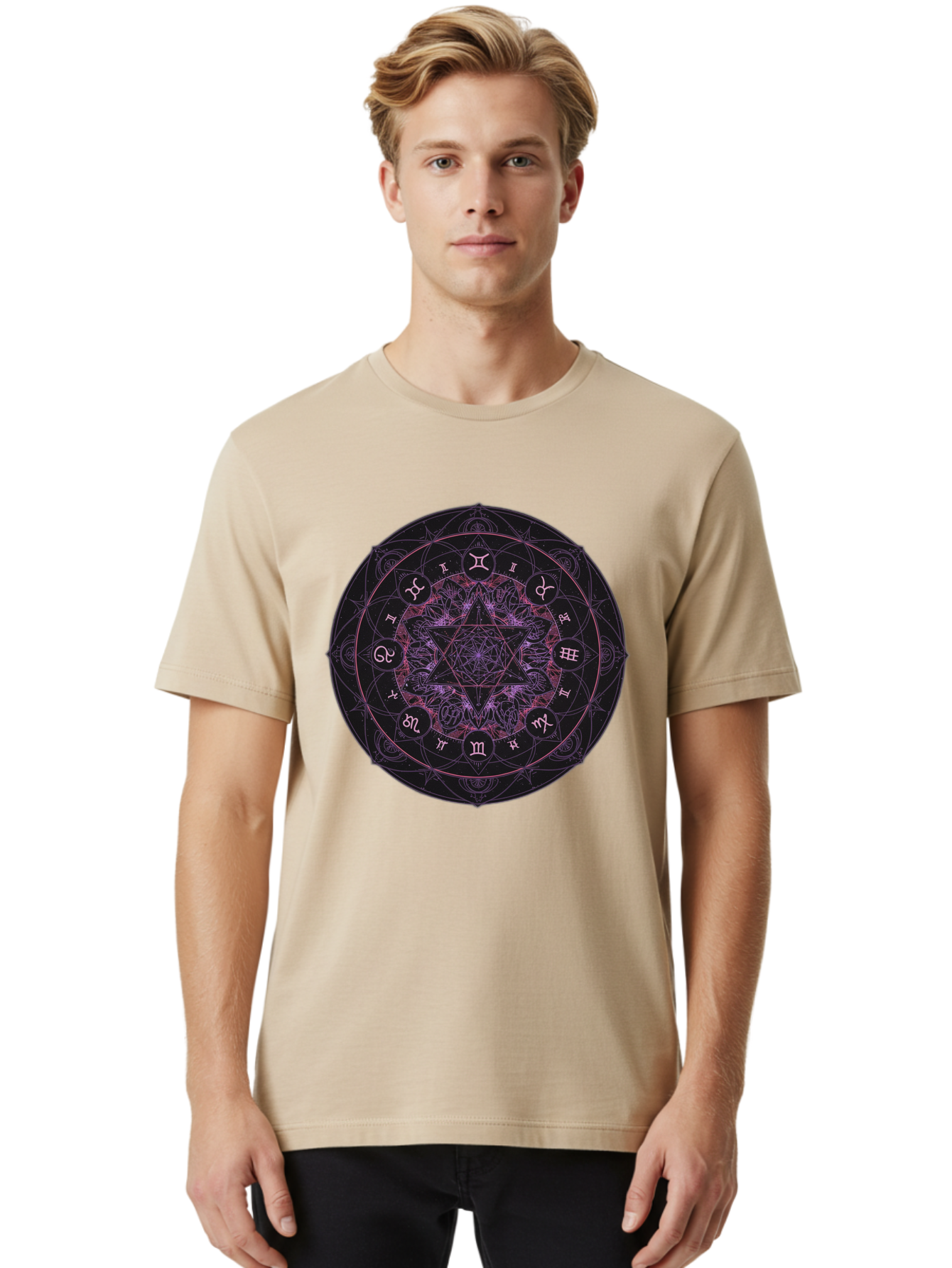 Zodiac-Mandala-1 Men'S Graphic Tee, 100% Cotton, Comfortable Casual Summer Wear, Machine Washable, Kabbalah Symbols, Zodiac Signs, Mystic Mandala, Sacred Geometry, Spiritual Art, Magical Symbols, Esoteric Wheel, Mystical Astrology Bae338
