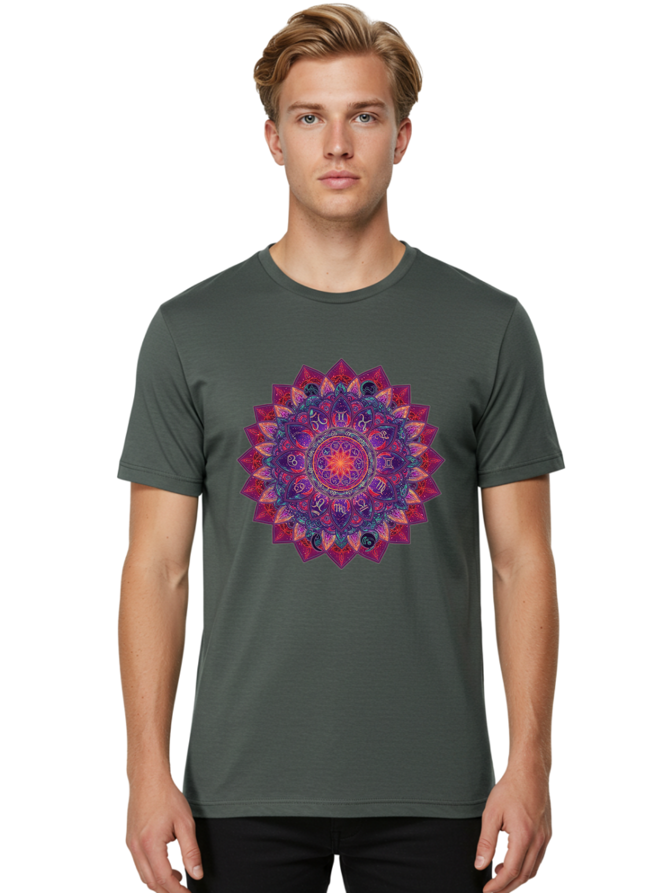 Zodiac-Mandala-2 Men'S Graphic Tee, 100% Cotton, Comfortable Casual Summer Wear, Machine Washable, Zodiac Signs, Astrology Symbols, Mandala Art, Spiritual Design, Mystical Patterns, Colorful Mandala, Intricate Details, Symbolic Representation, Bae339