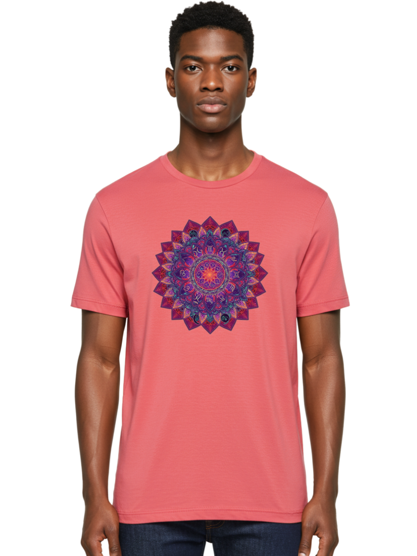 Zodiac-Mandala-2 Men'S Graphic Tee, 100% Cotton, Comfortable Casual Summer Wear, Machine Washable, Zodiac Signs, Astrology Symbols, Mandala Art, Spiritual Design, Mystical Patterns, Colorful Mandala, Intricate Details, Symbolic Representation, Bae339