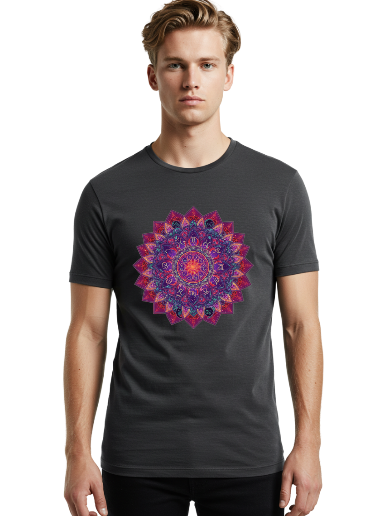Zodiac-Mandala-2 Men'S Graphic Tee, 100% Cotton, Comfortable Casual Summer Wear, Machine Washable, Zodiac Signs, Astrology Symbols, Mandala Art, Spiritual Design, Mystical Patterns, Colorful Mandala, Intricate Details, Symbolic Representation, Bae339