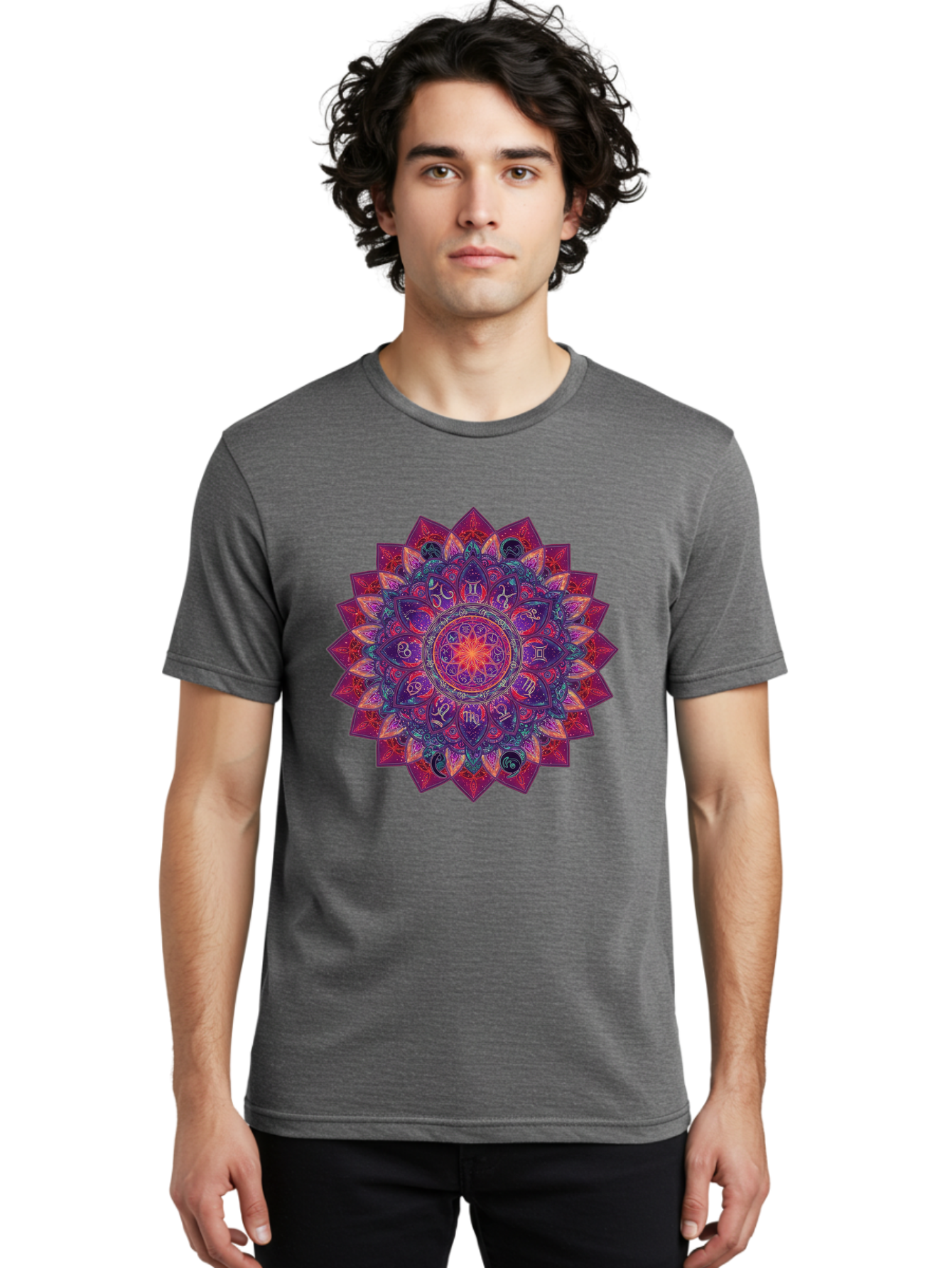 Zodiac-Mandala-2 Men'S Graphic Tee, 100% Cotton, Comfortable Casual Summer Wear, Machine Washable, Zodiac Signs, Astrology Symbols, Mandala Art, Spiritual Design, Mystical Patterns, Colorful Mandala, Intricate Details, Symbolic Representation, Bae339