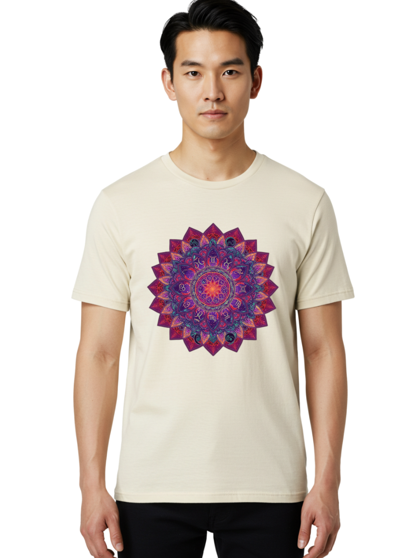 Zodiac-Mandala-2 Men'S Graphic Tee, 100% Cotton, Comfortable Casual Summer Wear, Machine Washable, Zodiac Signs, Astrology Symbols, Mandala Art, Spiritual Design, Mystical Patterns, Colorful Mandala, Intricate Details, Symbolic Representation, Bae339