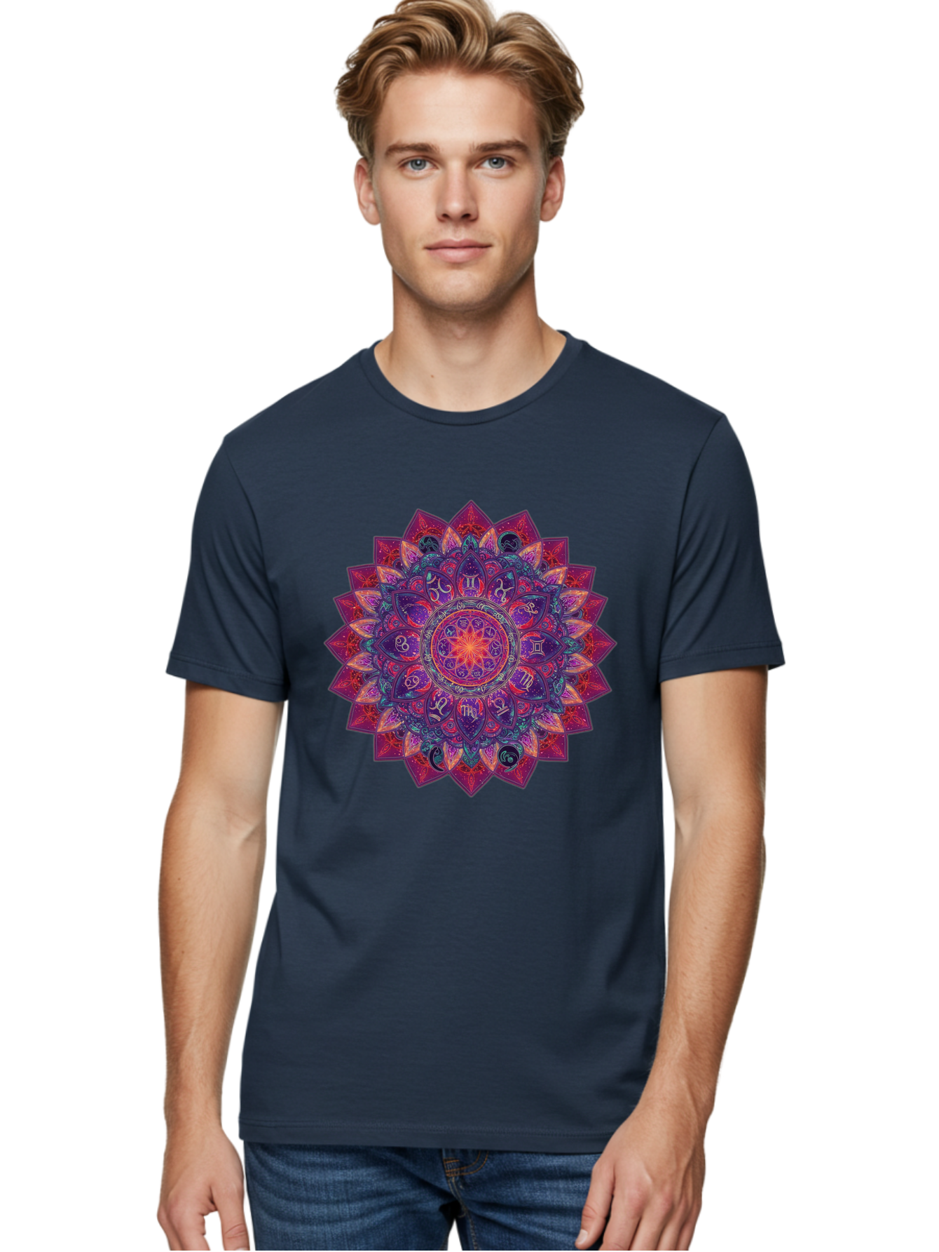 Zodiac-Mandala-2 Men'S Graphic Tee, 100% Cotton, Comfortable Casual Summer Wear, Machine Washable, Zodiac Signs, Astrology Symbols, Mandala Art, Spiritual Design, Mystical Patterns, Colorful Mandala, Intricate Details, Symbolic Representation, Bae339