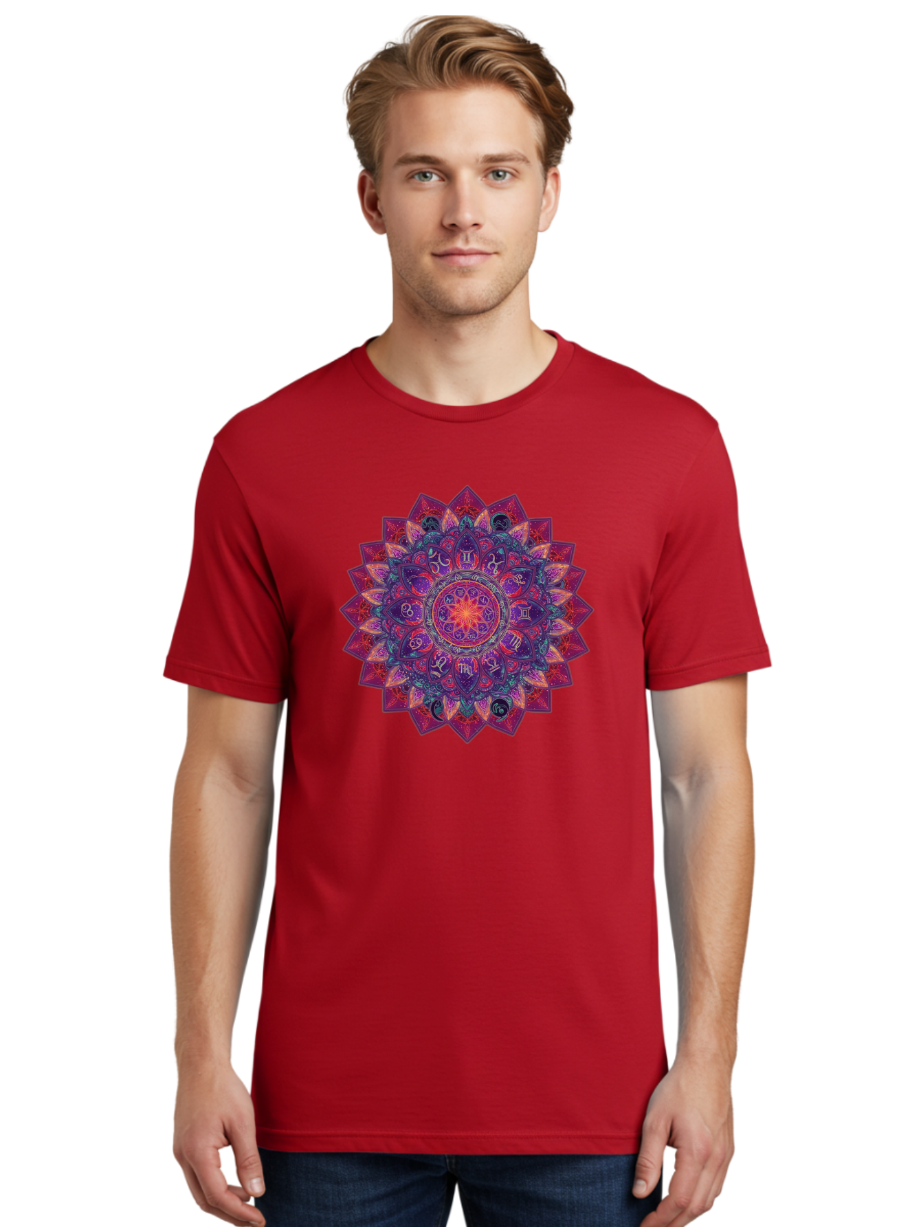 Zodiac-Mandala-2 Men'S Graphic Tee, 100% Cotton, Comfortable Casual Summer Wear, Machine Washable, Zodiac Signs, Astrology Symbols, Mandala Art, Spiritual Design, Mystical Patterns, Colorful Mandala, Intricate Details, Symbolic Representation, Bae339