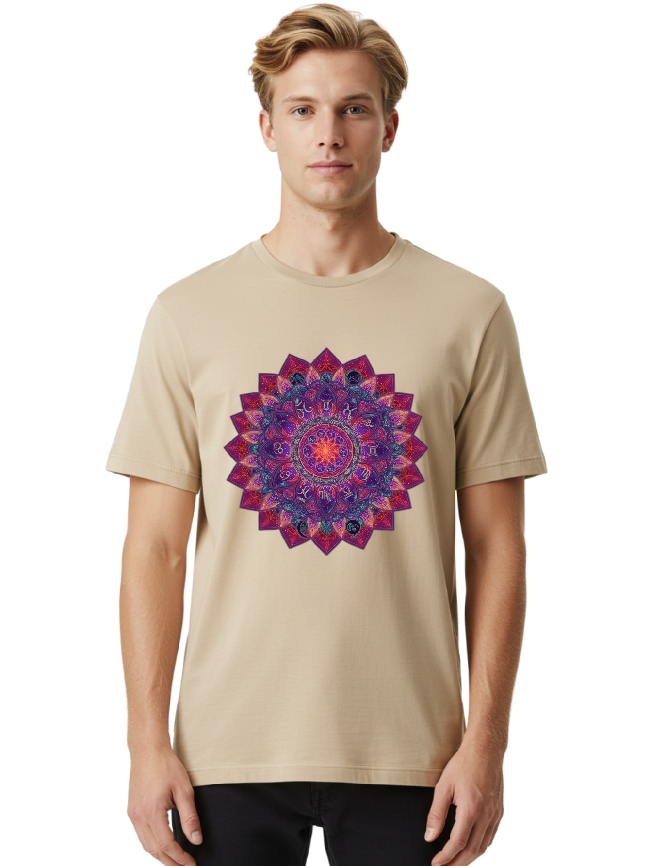 Zodiac-Mandala-2 Men'S Graphic Tee, 100% Cotton, Comfortable Casual Summer Wear, Machine Washable, Zodiac Signs, Astrology Symbols, Mandala Art, Spiritual Design, Mystical Patterns, Colorful Mandala, Intricate Details, Symbolic Representation, Bae339