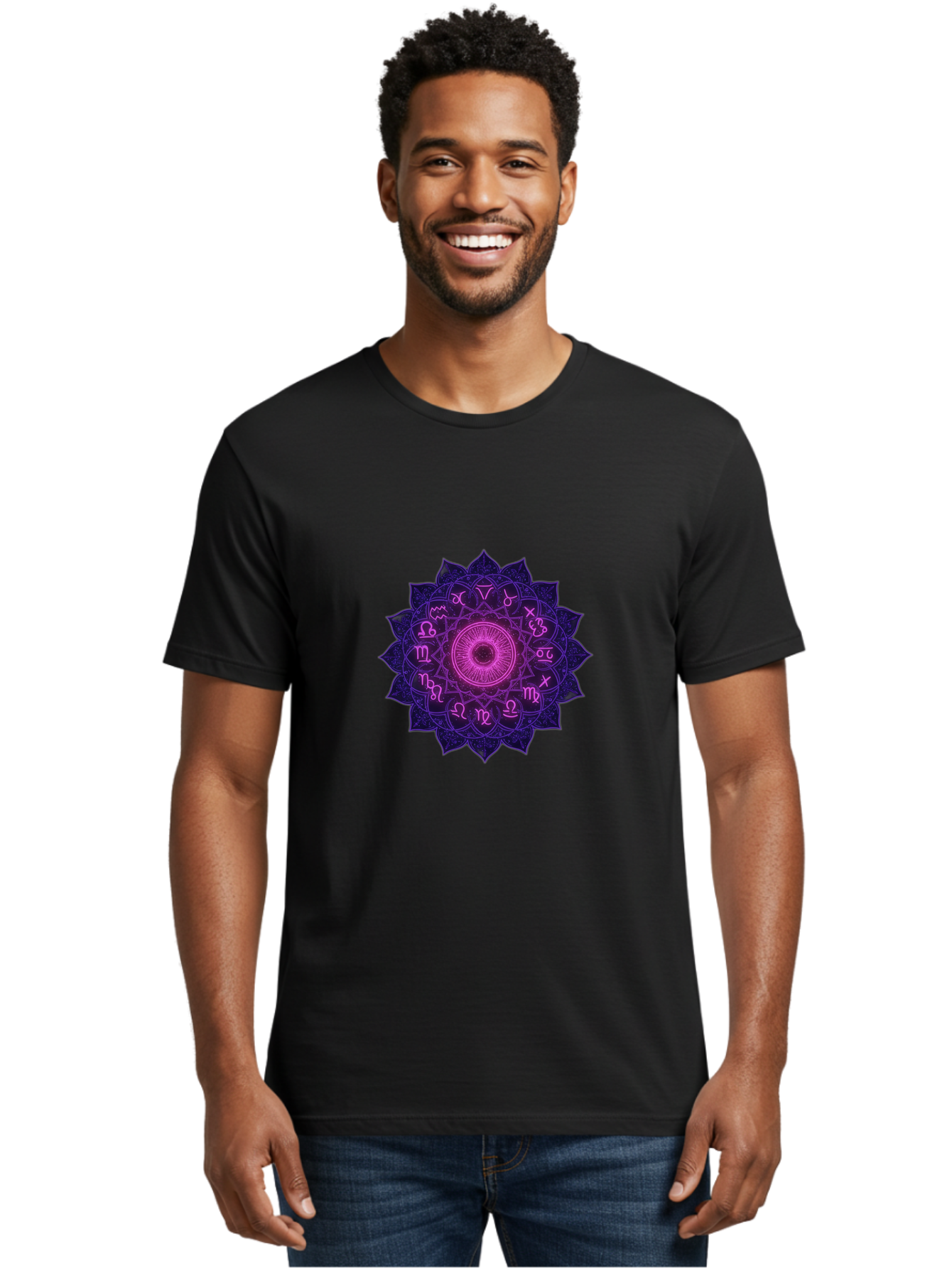 Zodiac-Mandala Men'S Graphic Tee, 100% Cotton, Comfortable Casual Summer Wear, Machine Washable, Zodiac Signs, Astrology Symbols, Mystical Art, Spiritual Design, Mandala Pattern, Purple And Pink Hues, Symbolic Representation, Horoscope Signs Bae340