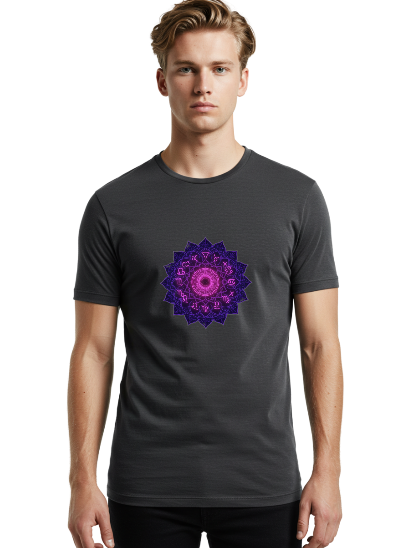 Zodiac-Mandala Men'S Graphic Tee, 100% Cotton, Comfortable Casual Summer Wear, Machine Washable, Zodiac Signs, Astrology Symbols, Mystical Art, Spiritual Design, Mandala Pattern, Purple And Pink Hues, Symbolic Representation, Horoscope Signs Bae340