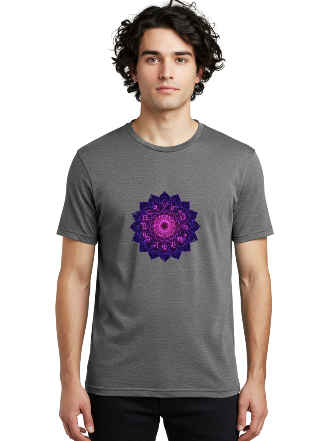 Zodiac-Mandala Men'S Graphic Tee, 100% Cotton, Comfortable Casual Summer Wear, Machine Washable, Zodiac Signs, Astrology Symbols, Mystical Art, Spiritual Design, Mandala Pattern, Purple And Pink Hues, Symbolic Representation, Horoscope Signs Bae340