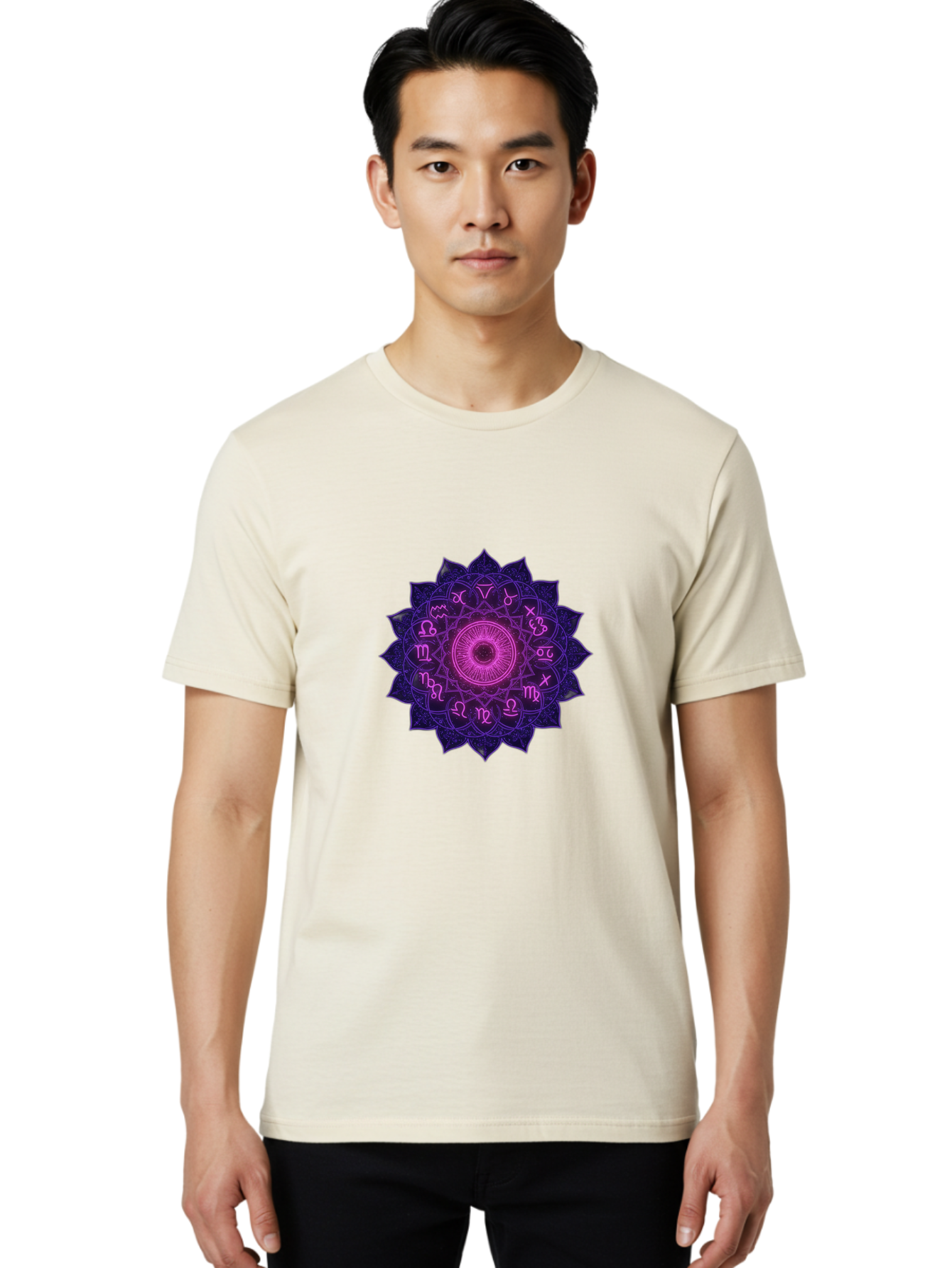 Zodiac-Mandala Men'S Graphic Tee, 100% Cotton, Comfortable Casual Summer Wear, Machine Washable, Zodiac Signs, Astrology Symbols, Mystical Art, Spiritual Design, Mandala Pattern, Purple And Pink Hues, Symbolic Representation, Horoscope Signs Bae340