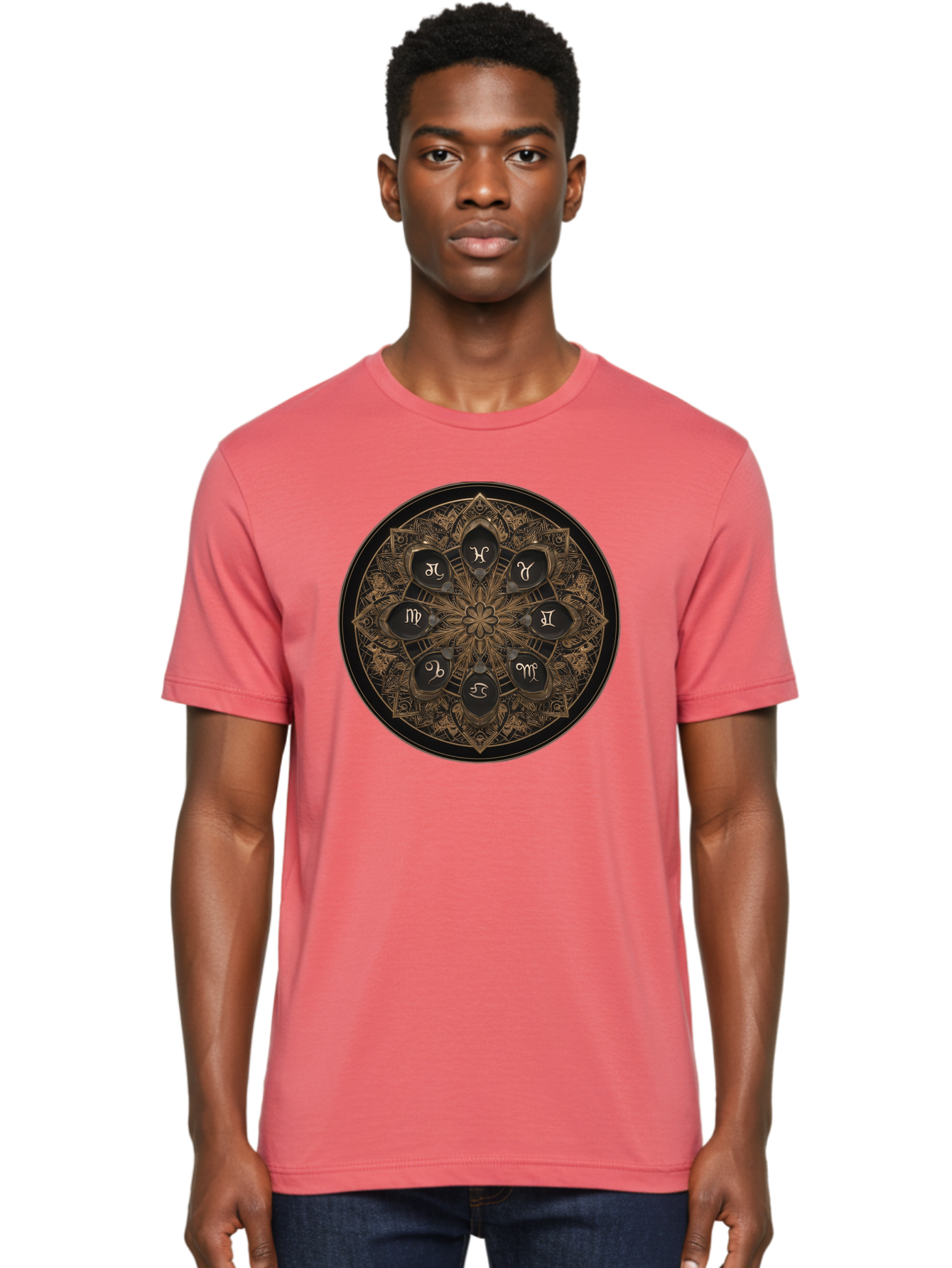 Zodiac-Signs-Mandala Men'S Graphic Tee, 100% Cotton, Comfortable Casual Summer Wear, Machine Washable, Zodiac Signs, Astrology Symbols, Mandala Art, Mystical Design, Spiritual Themes, Esoteric Patterns, Intricate Details, Bae341