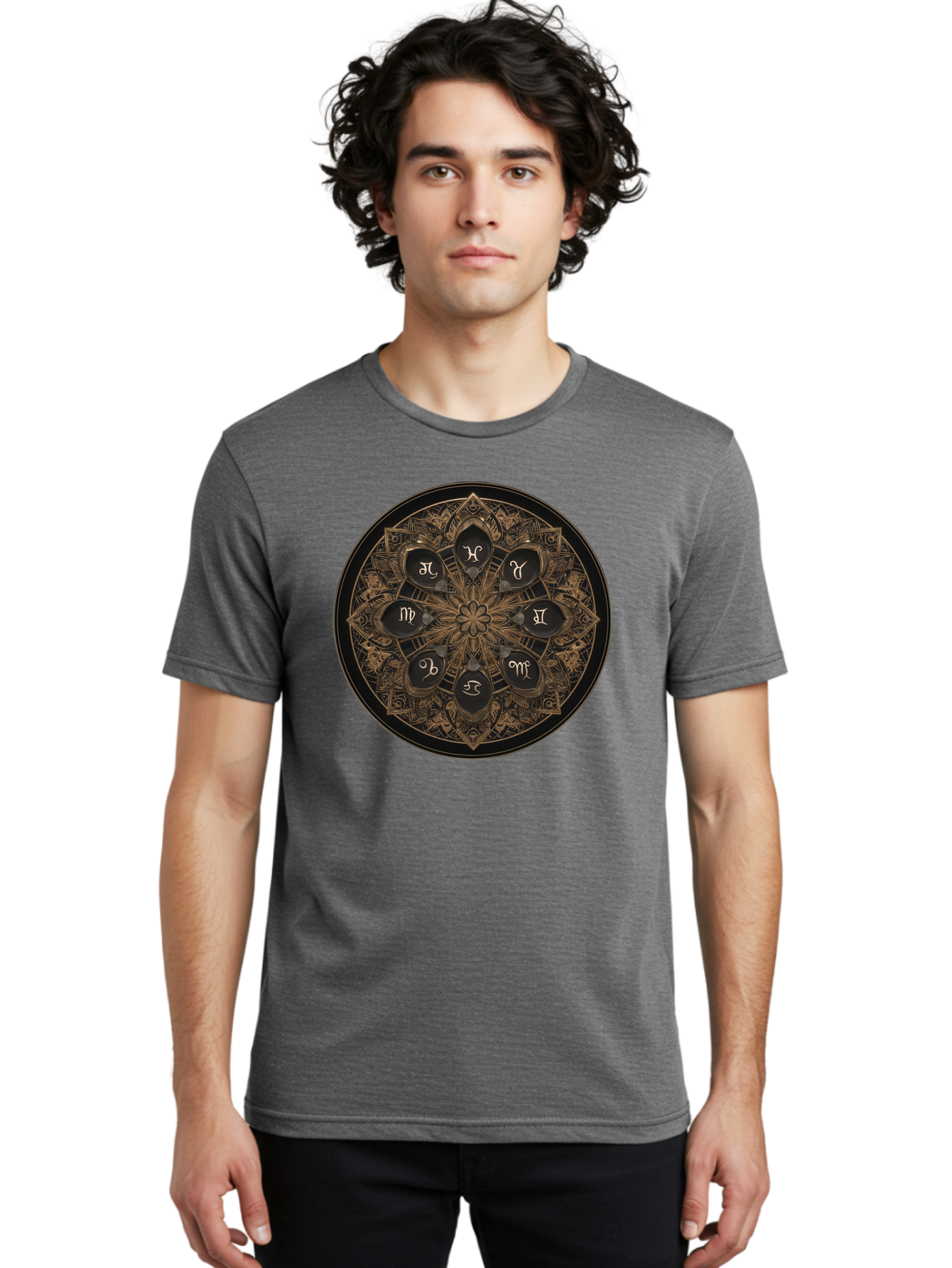 Zodiac-Signs-Mandala Men'S Graphic Tee, 100% Cotton, Comfortable Casual Summer Wear, Machine Washable, Zodiac Signs, Astrology Symbols, Mandala Art, Mystical Design, Spiritual Themes, Esoteric Patterns, Intricate Details, Bae341