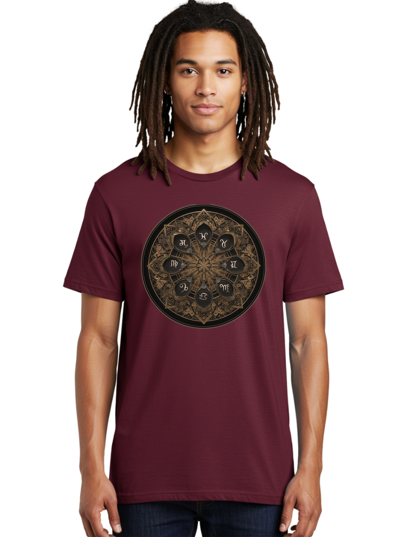 Zodiac-Signs-Mandala Men'S Graphic Tee, 100% Cotton, Comfortable Casual Summer Wear, Machine Washable, Zodiac Signs, Astrology Symbols, Mandala Art, Mystical Design, Spiritual Themes, Esoteric Patterns, Intricate Details, Bae341