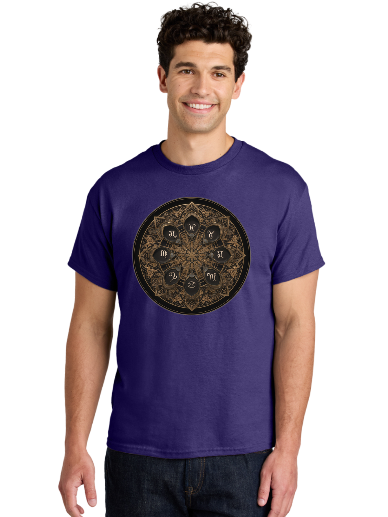 Zodiac-Signs-Mandala Men'S Graphic Tee, 100% Cotton, Comfortable Casual Summer Wear, Machine Washable, Zodiac Signs, Astrology Symbols, Mandala Art, Mystical Design, Spiritual Themes, Esoteric Patterns, Intricate Details, Bae341