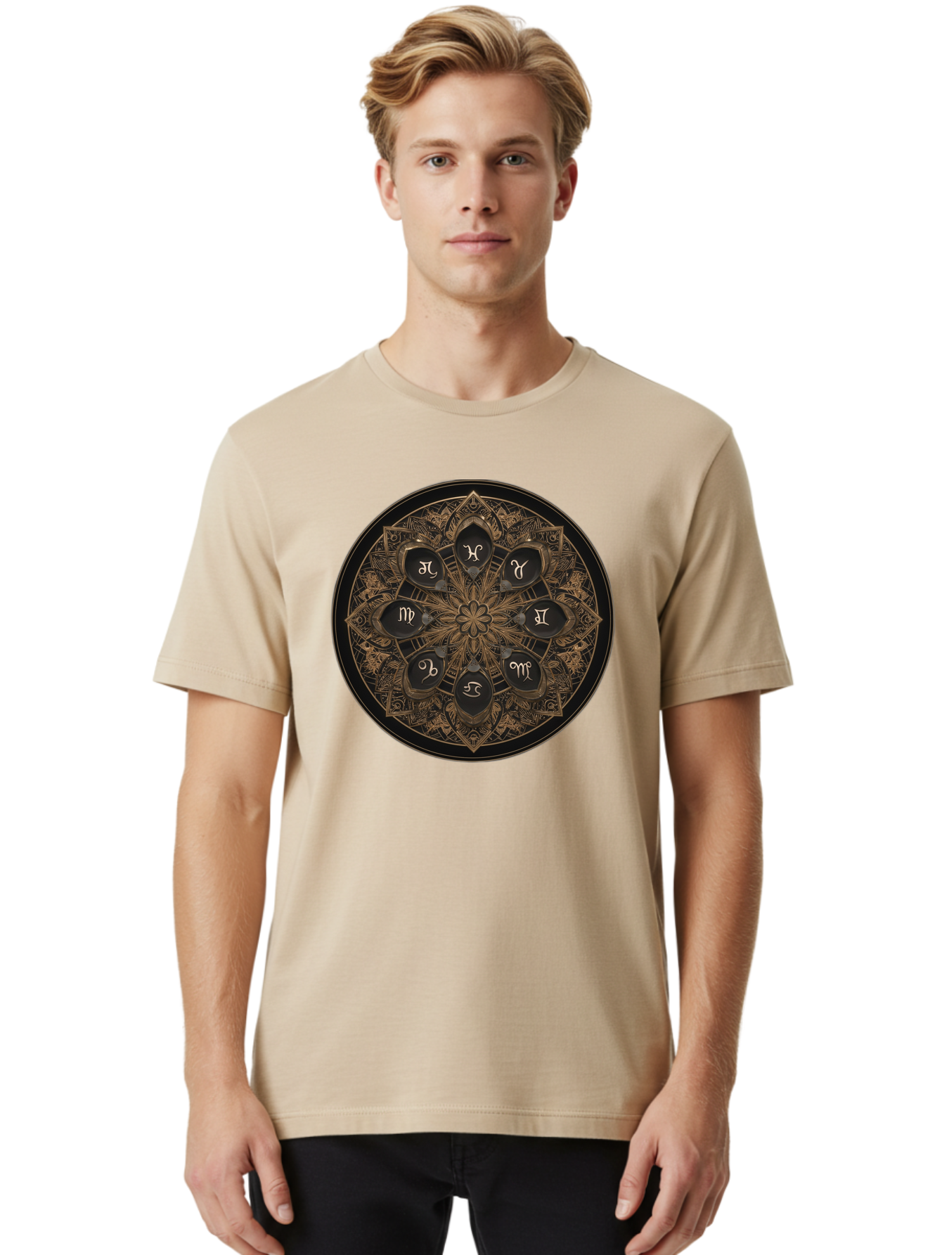 Zodiac-Signs-Mandala Men'S Graphic Tee, 100% Cotton, Comfortable Casual Summer Wear, Machine Washable, Zodiac Signs, Astrology Symbols, Mandala Art, Mystical Design, Spiritual Themes, Esoteric Patterns, Intricate Details, Bae341