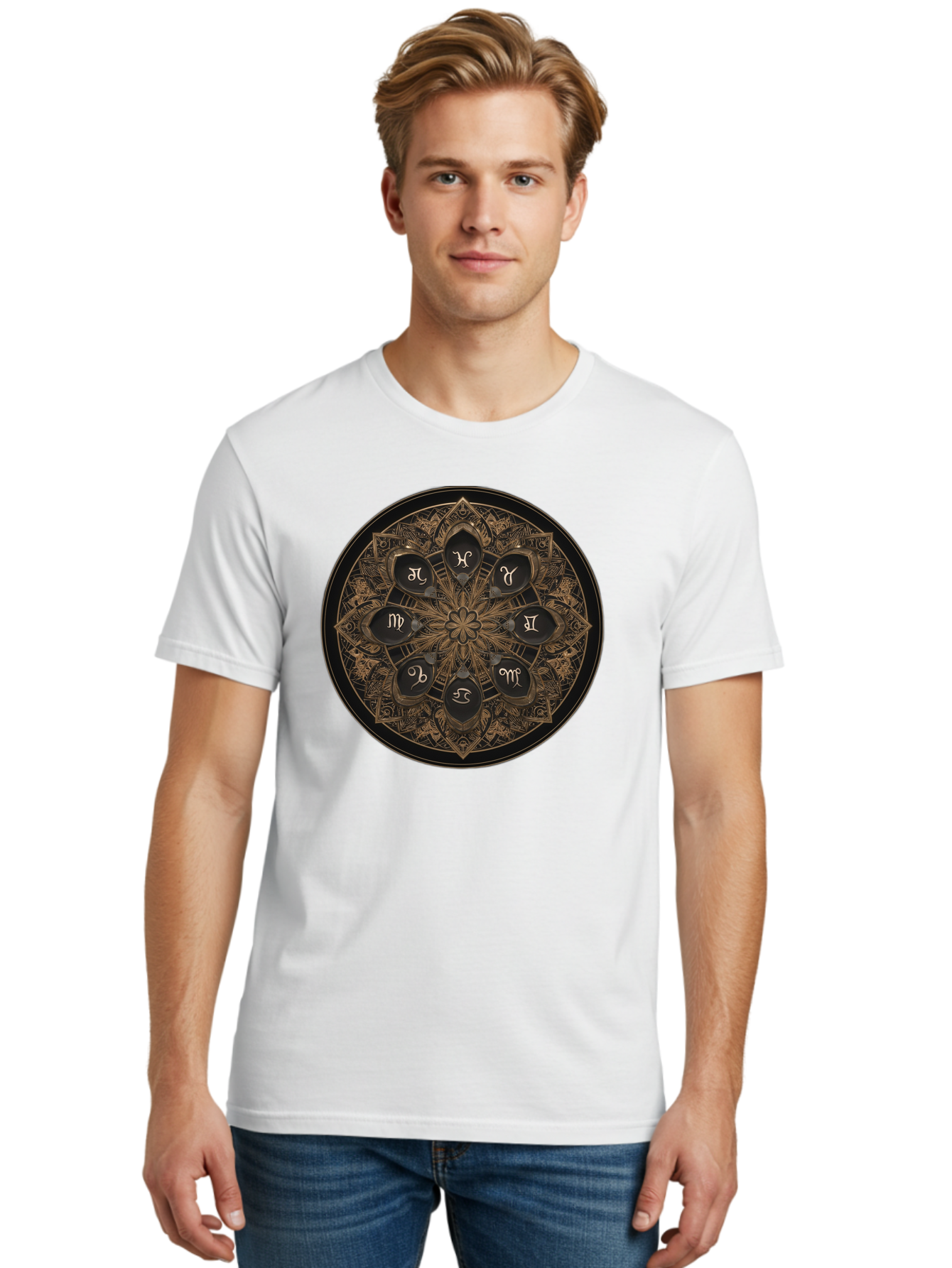 Zodiac-Signs-Mandala Men'S Graphic Tee, 100% Cotton, Comfortable Casual Summer Wear, Machine Washable, Zodiac Signs, Astrology Symbols, Mandala Art, Mystical Design, Spiritual Themes, Esoteric Patterns, Intricate Details, Bae341