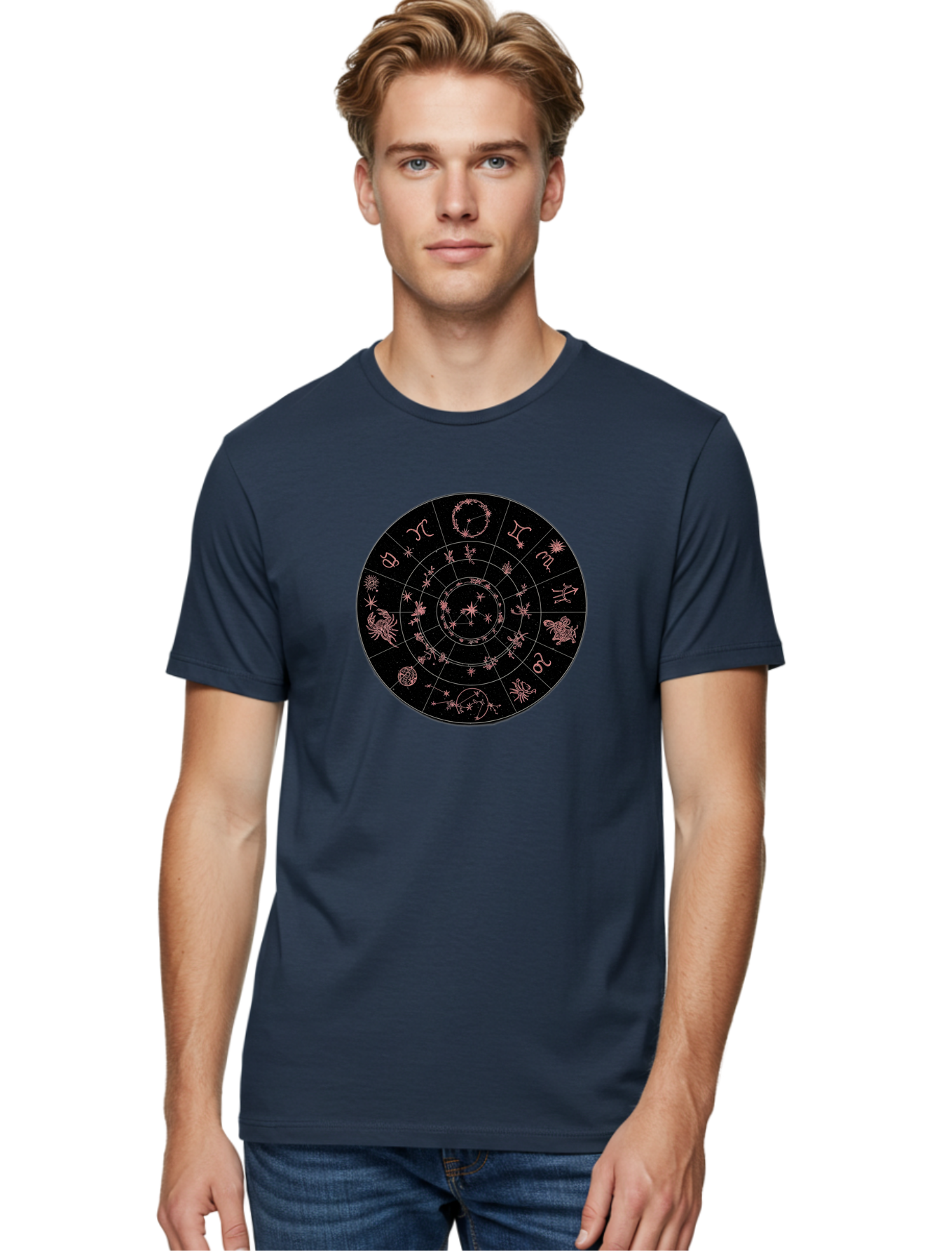 Zodiac-Wheel-1 Men'S Graphic Tee, 100% Cotton, Comfortable Casual Summer Wear, Machine Washable, Zodiac Signs, Astrology Chart, Mystical Symbols, Stars And Constellations, Horoscope Wheel, Spiritual Emblem, Celestial Map, Pink Illustrations Bae343