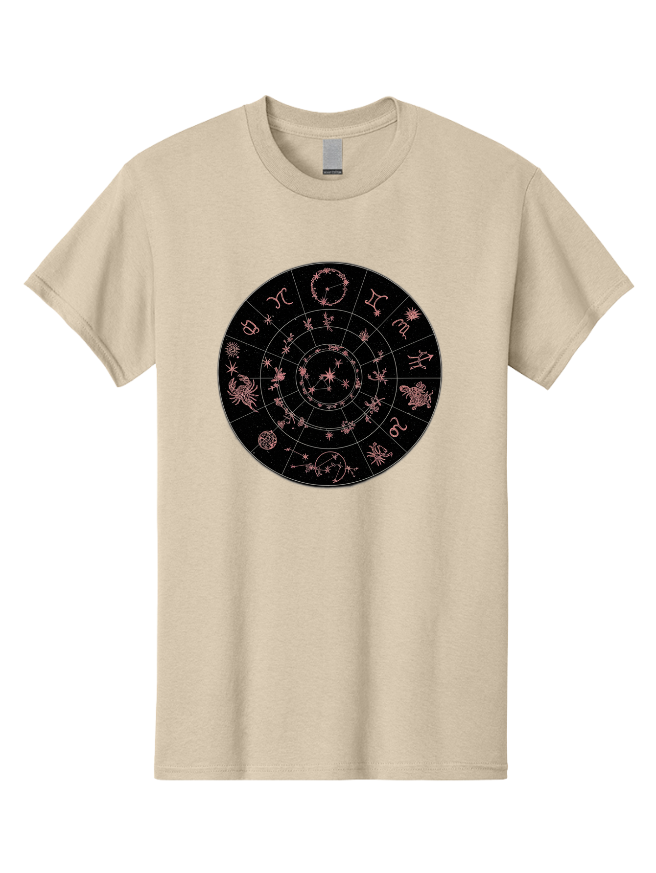 Zodiac-Wheel-1 Men'S Graphic Tee, 100% Cotton, Comfortable Casual Summer Wear, Machine Washable, Zodiac Signs, Astrology Chart, Mystical Symbols, Stars And Constellations, Horoscope Wheel, Spiritual Emblem, Celestial Map, Pink Illustrations Bae343