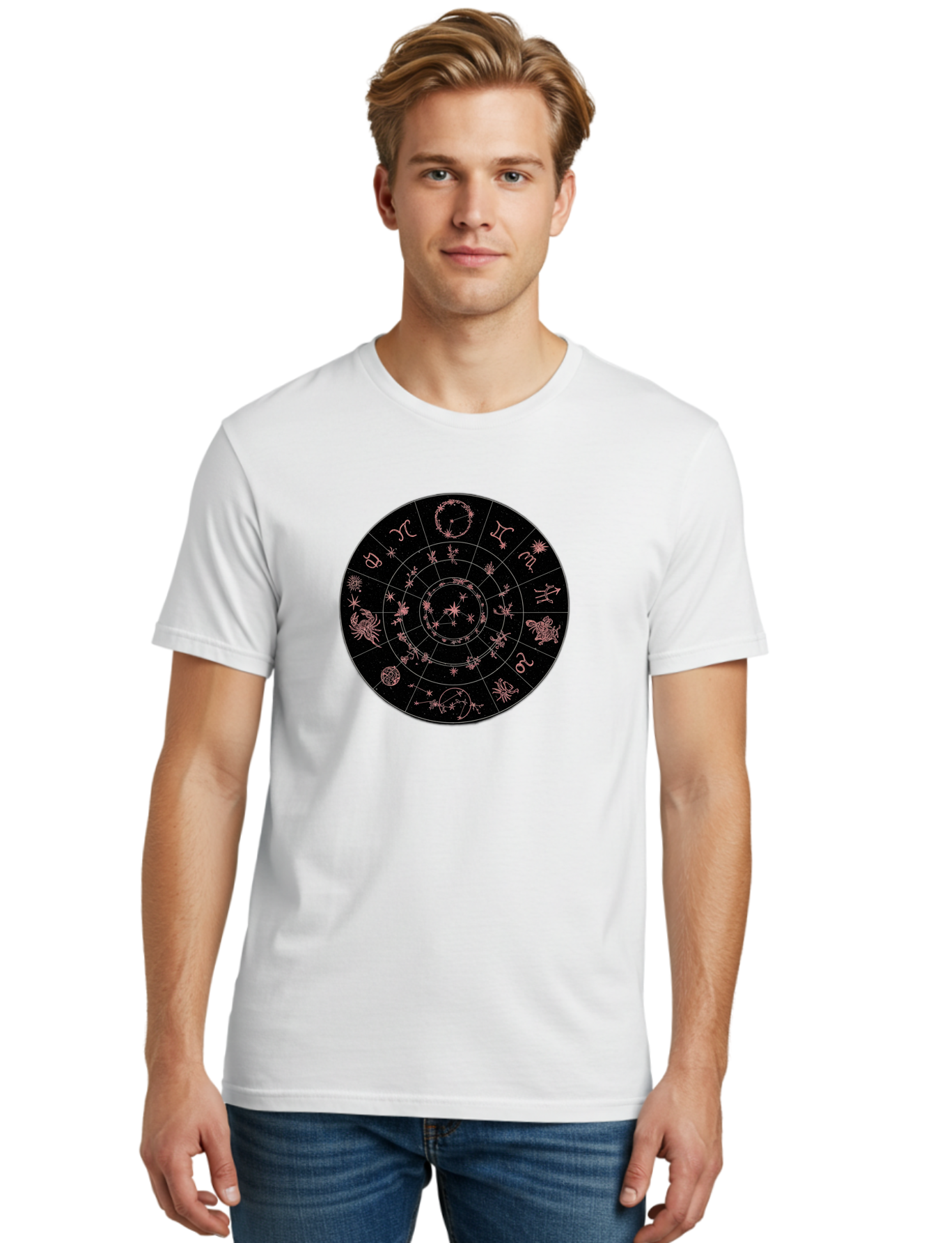 Zodiac-Wheel-1 Men'S Graphic Tee, 100% Cotton, Comfortable Casual Summer Wear, Machine Washable, Zodiac Signs, Astrology Chart, Mystical Symbols, Stars And Constellations, Horoscope Wheel, Spiritual Emblem, Celestial Map, Pink Illustrations Bae343