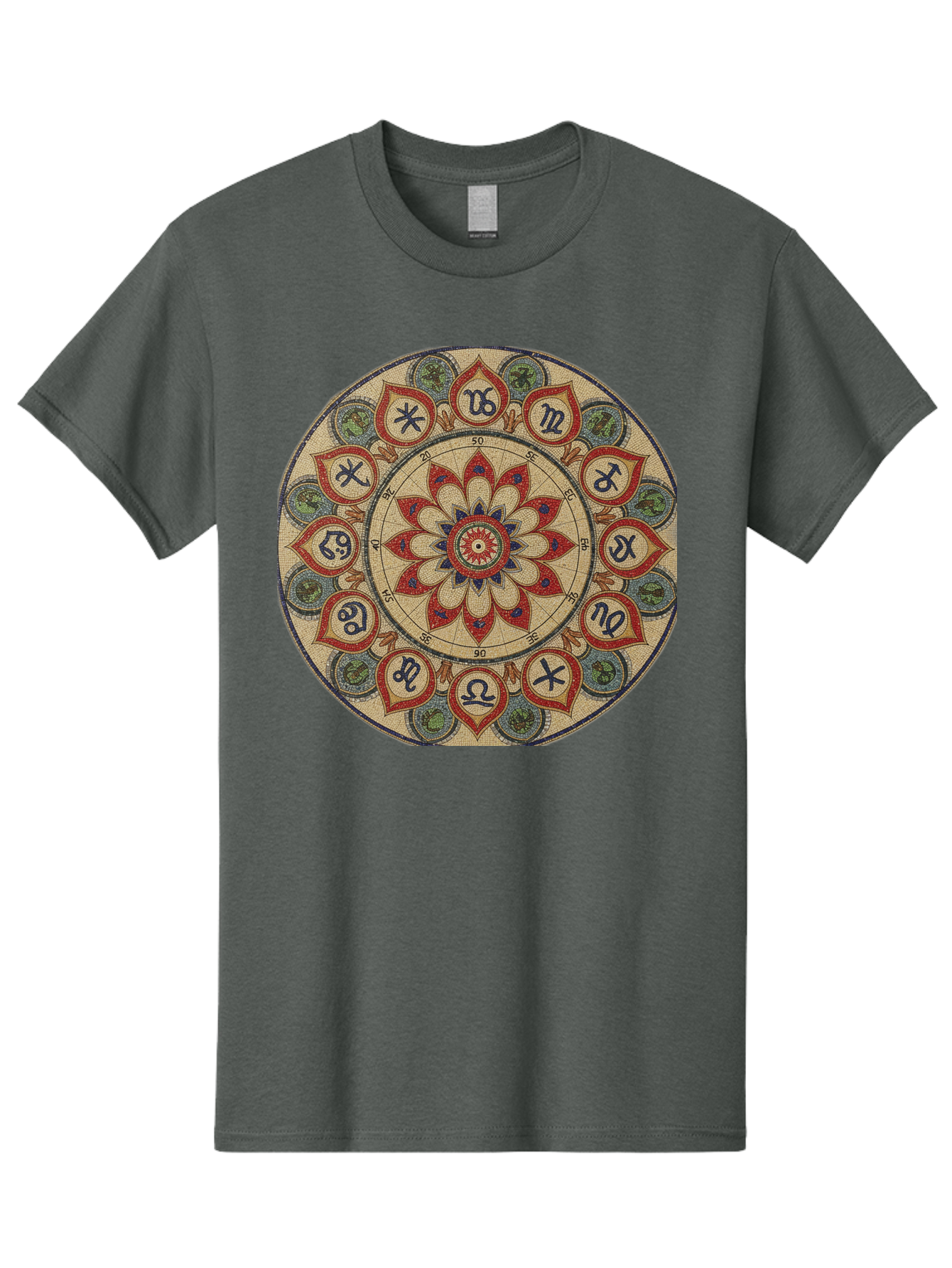 Zodiac-Wheel-Mandala Men'S Graphic Tee, 100% Cotton, Comfortable Casual Summer Wear, Machine Washable, Zodiac Wheel, Astrology, Mandala Art, Esoteric Symbols, Spiritual Design, Mystical Patterns, Red And Blue Petals, Symbolic Representation, Bae344