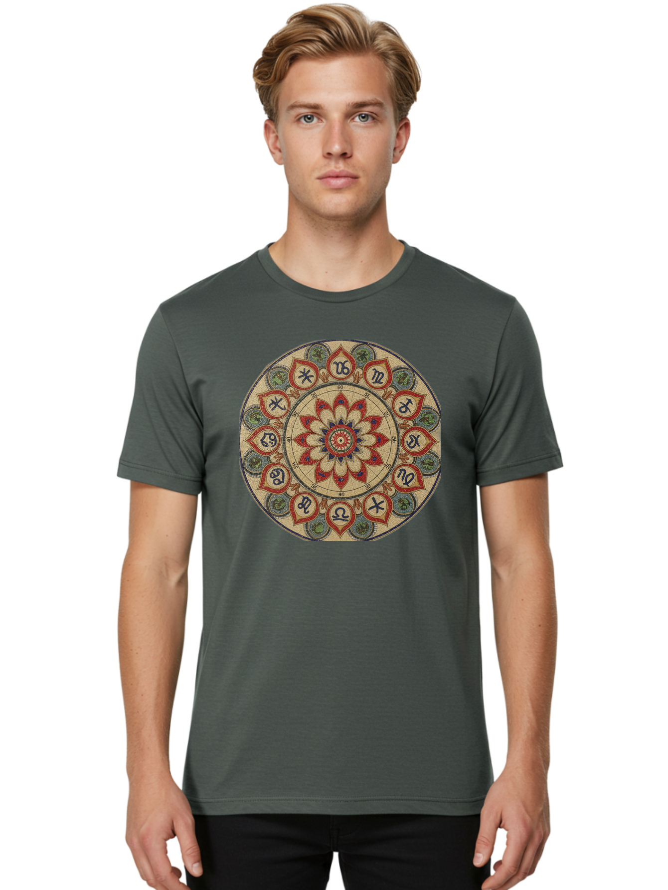 Zodiac-Wheel-Mandala Men'S Graphic Tee, 100% Cotton, Comfortable Casual Summer Wear, Machine Washable, Zodiac Wheel, Astrology, Mandala Art, Esoteric Symbols, Spiritual Design, Mystical Patterns, Red And Blue Petals, Symbolic Representation, Bae344