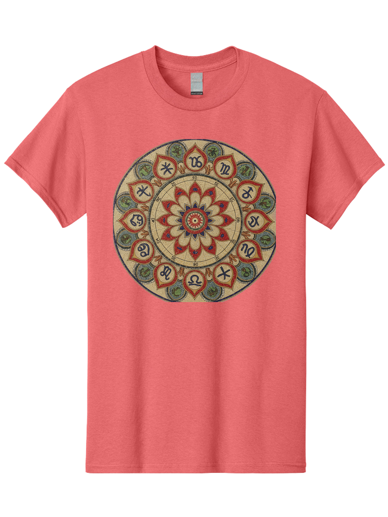 Zodiac-Wheel-Mandala Men'S Graphic Tee, 100% Cotton, Comfortable Casual Summer Wear, Machine Washable, Zodiac Wheel, Astrology, Mandala Art, Esoteric Symbols, Spiritual Design, Mystical Patterns, Red And Blue Petals, Symbolic Representation, Bae344