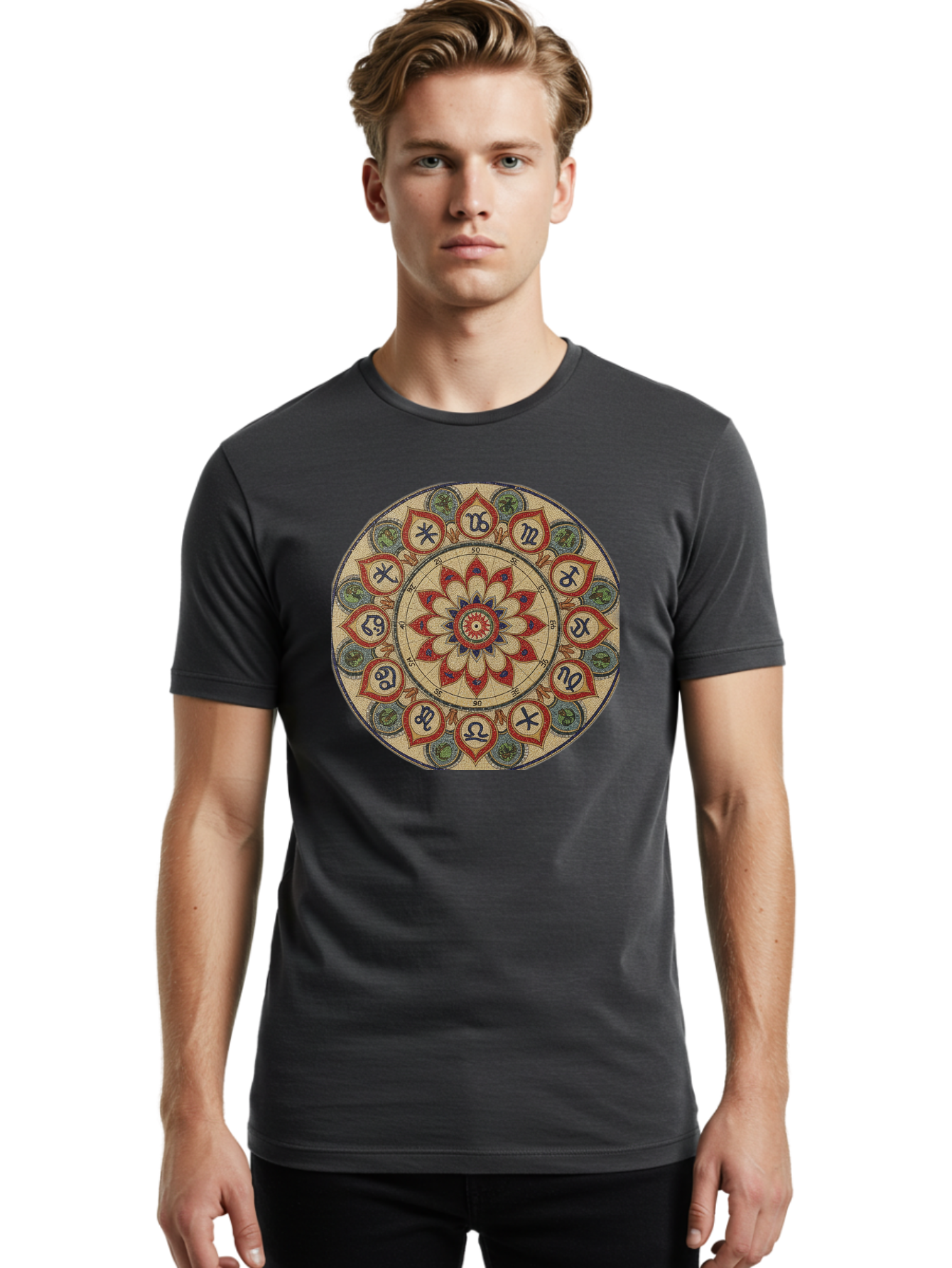 Zodiac-Wheel-Mandala Men'S Graphic Tee, 100% Cotton, Comfortable Casual Summer Wear, Machine Washable, Zodiac Wheel, Astrology, Mandala Art, Esoteric Symbols, Spiritual Design, Mystical Patterns, Red And Blue Petals, Symbolic Representation, Bae344