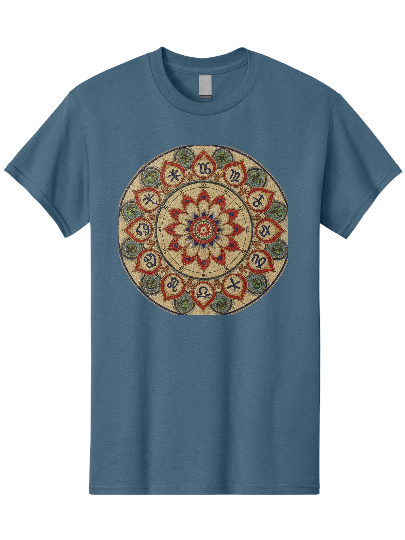 Zodiac-Wheel-Mandala Men'S Graphic Tee, 100% Cotton, Comfortable Casual Summer Wear, Machine Washable, Zodiac Wheel, Astrology, Mandala Art, Esoteric Symbols, Spiritual Design, Mystical Patterns, Red And Blue Petals, Symbolic Representation, Bae344