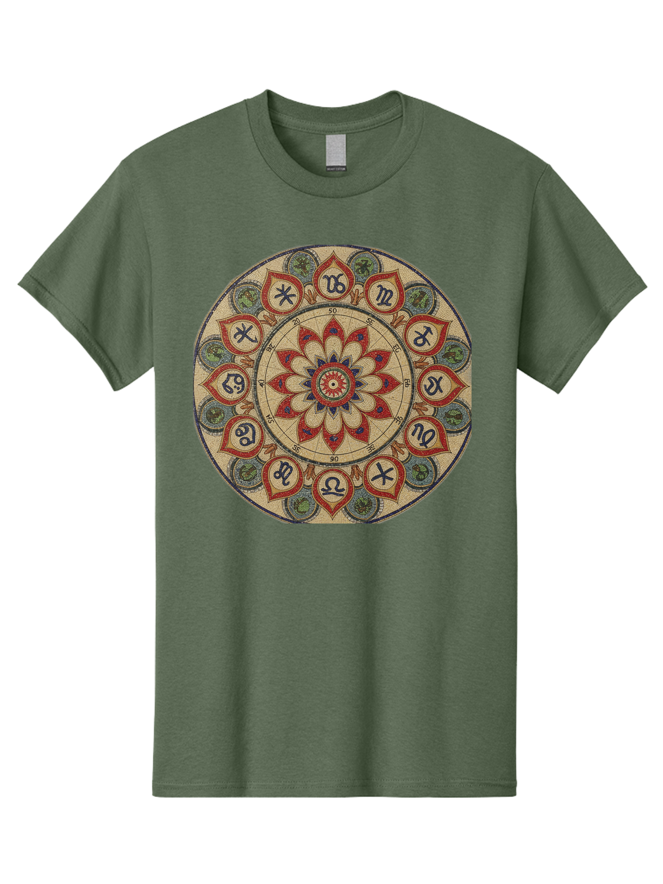 Zodiac-Wheel-Mandala Men'S Graphic Tee, 100% Cotton, Comfortable Casual Summer Wear, Machine Washable, Zodiac Wheel, Astrology, Mandala Art, Esoteric Symbols, Spiritual Design, Mystical Patterns, Red And Blue Petals, Symbolic Representation, Bae344
