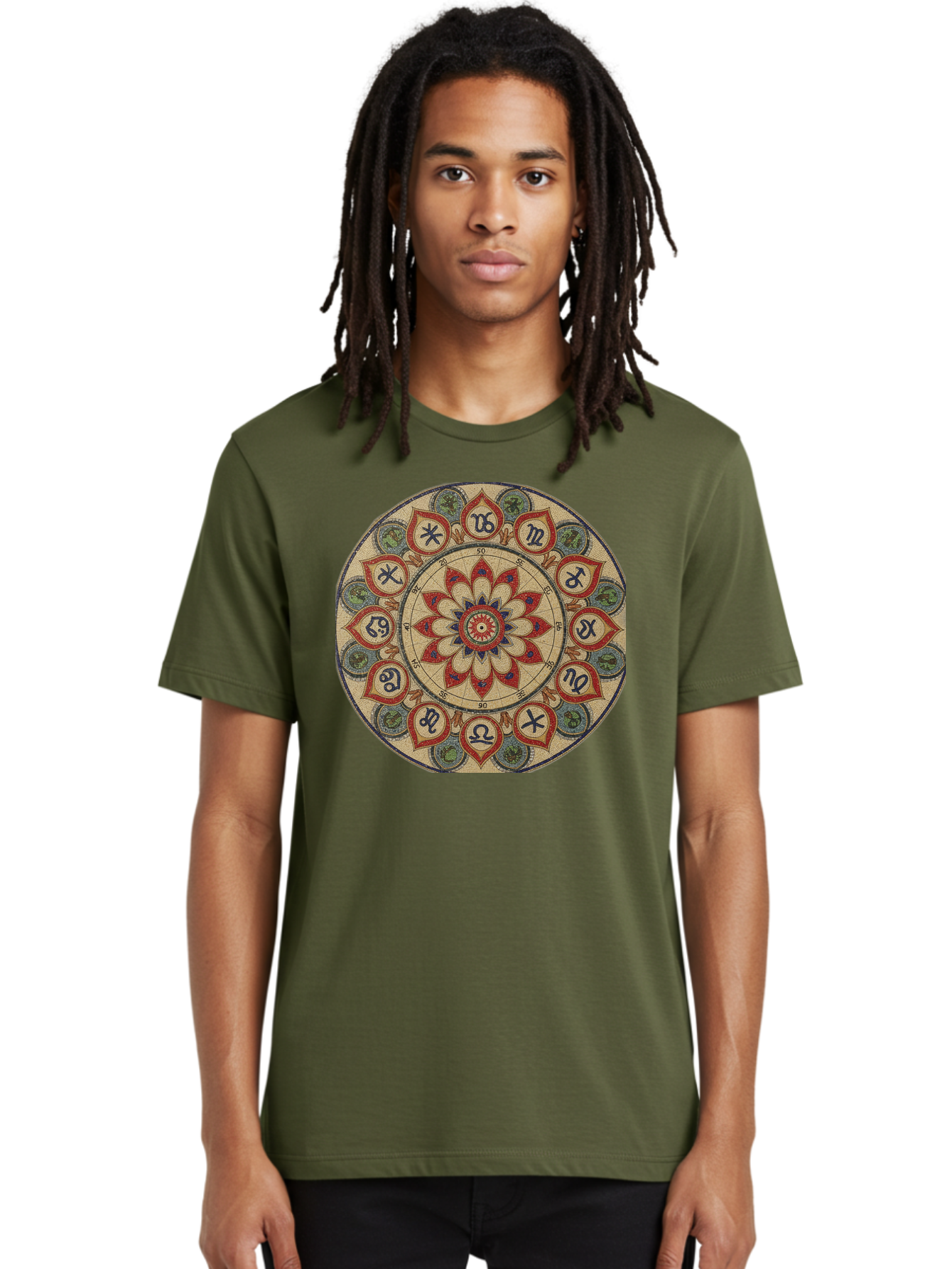 Zodiac-Wheel-Mandala Men'S Graphic Tee, 100% Cotton, Comfortable Casual Summer Wear, Machine Washable, Zodiac Wheel, Astrology, Mandala Art, Esoteric Symbols, Spiritual Design, Mystical Patterns, Red And Blue Petals, Symbolic Representation, Bae344