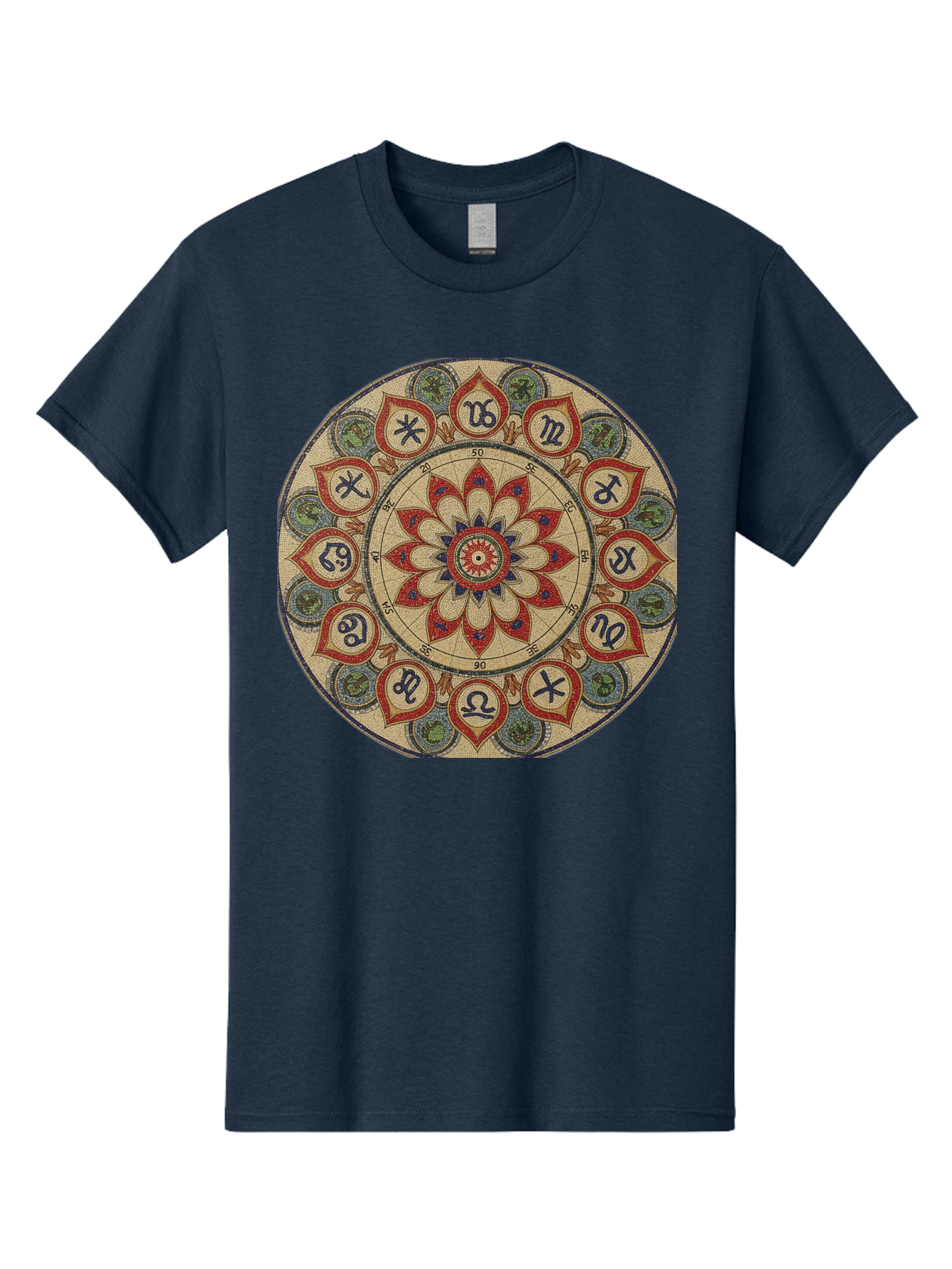 Zodiac-Wheel-Mandala Men'S Graphic Tee, 100% Cotton, Comfortable Casual Summer Wear, Machine Washable, Zodiac Wheel, Astrology, Mandala Art, Esoteric Symbols, Spiritual Design, Mystical Patterns, Red And Blue Petals, Symbolic Representation, Bae344