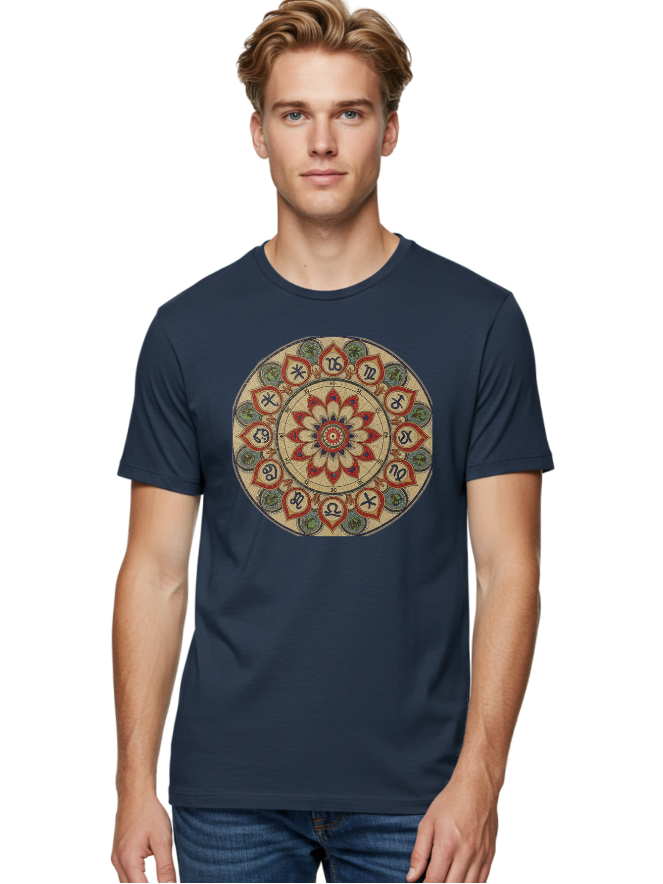 Zodiac-Wheel-Mandala Men'S Graphic Tee, 100% Cotton, Comfortable Casual Summer Wear, Machine Washable, Zodiac Wheel, Astrology, Mandala Art, Esoteric Symbols, Spiritual Design, Mystical Patterns, Red And Blue Petals, Symbolic Representation, Bae344
