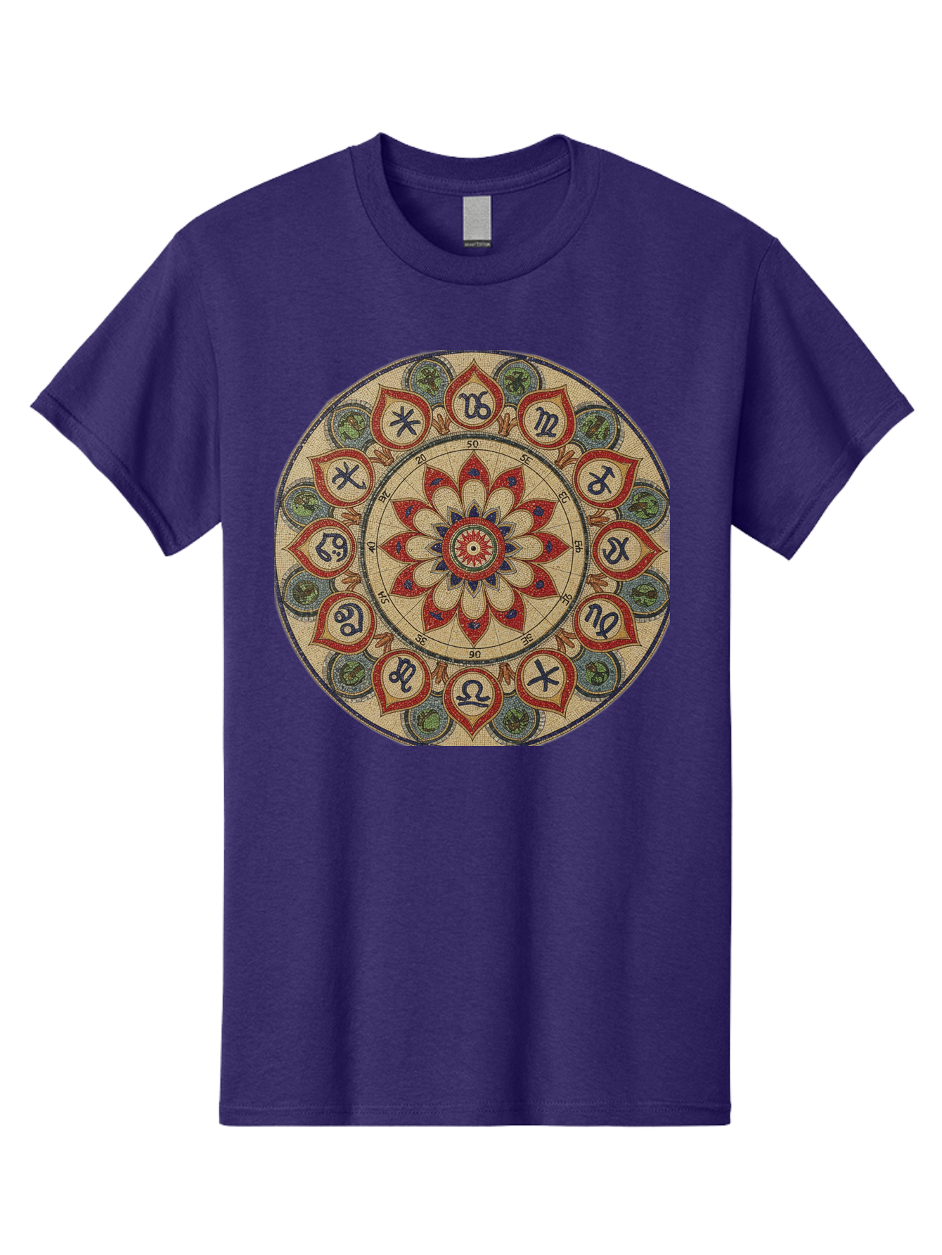 Zodiac-Wheel-Mandala Men'S Graphic Tee, 100% Cotton, Comfortable Casual Summer Wear, Machine Washable, Zodiac Wheel, Astrology, Mandala Art, Esoteric Symbols, Spiritual Design, Mystical Patterns, Red And Blue Petals, Symbolic Representation, Bae344