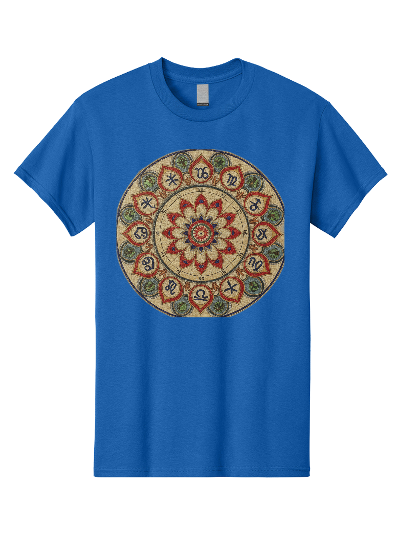 Zodiac-Wheel-Mandala Men'S Graphic Tee, 100% Cotton, Comfortable Casual Summer Wear, Machine Washable, Zodiac Wheel, Astrology, Mandala Art, Esoteric Symbols, Spiritual Design, Mystical Patterns, Red And Blue Petals, Symbolic Representation, Bae344