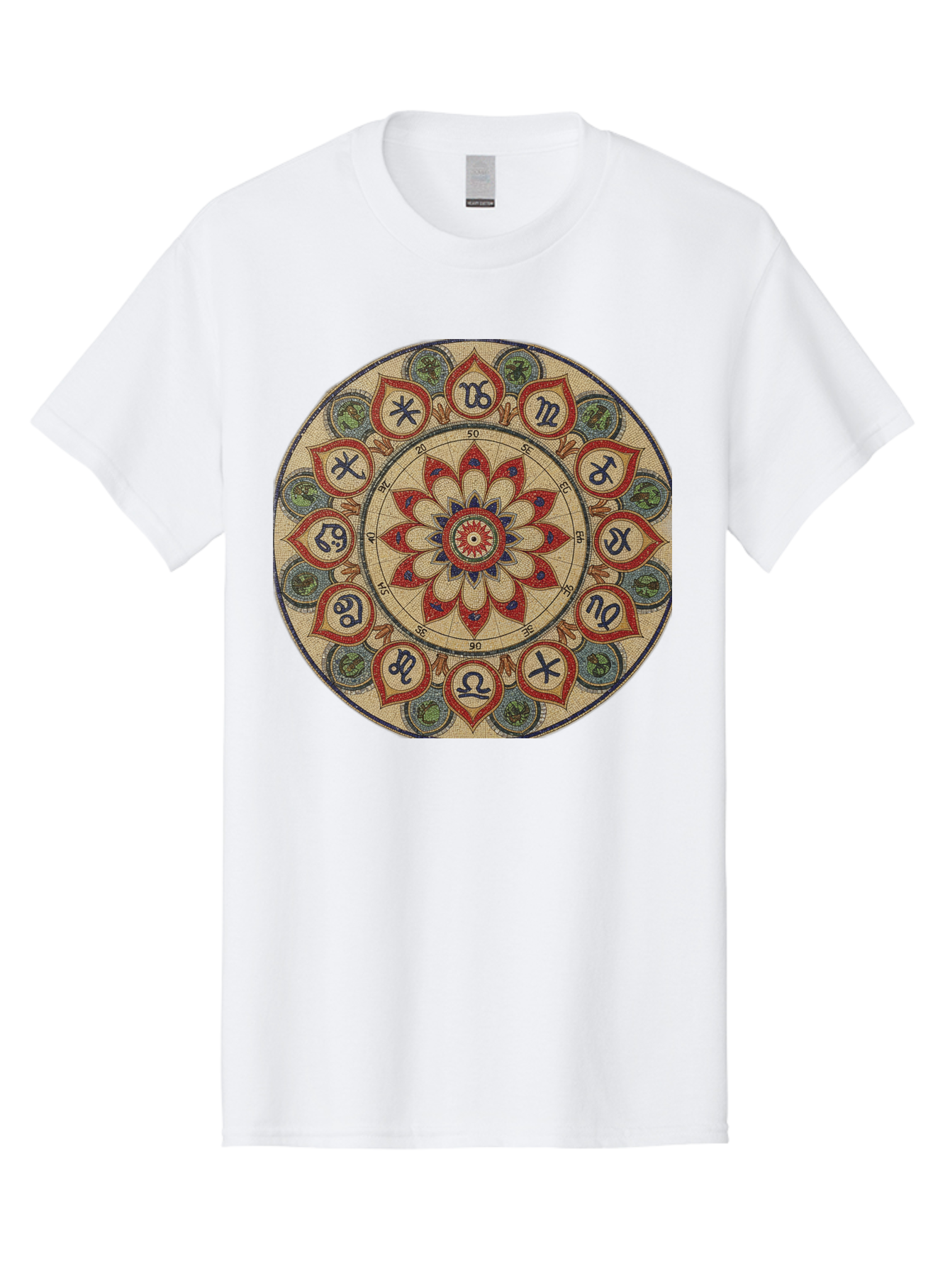 Zodiac-Wheel-Mandala Men'S Graphic Tee, 100% Cotton, Comfortable Casual Summer Wear, Machine Washable, Zodiac Wheel, Astrology, Mandala Art, Esoteric Symbols, Spiritual Design, Mystical Patterns, Red And Blue Petals, Symbolic Representation, Bae344
