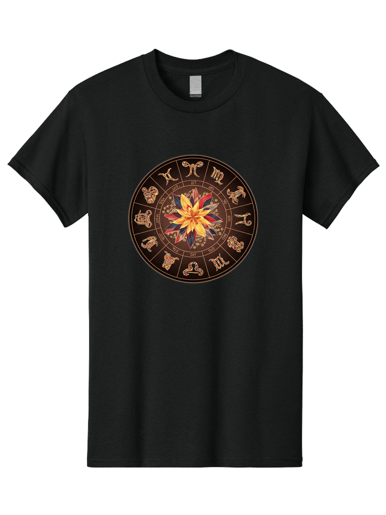Zodiac-Wheel Men'S Graphic Tee, 100% Cotton, Comfortable Casual Summer Wear, Machine Washable, Zodiac Wheel, Astrology Symbols, Star Signs, Mystical Design, Colorful Flower, Gold Accents, Spiritual Significance, Celestial Body, Bae345