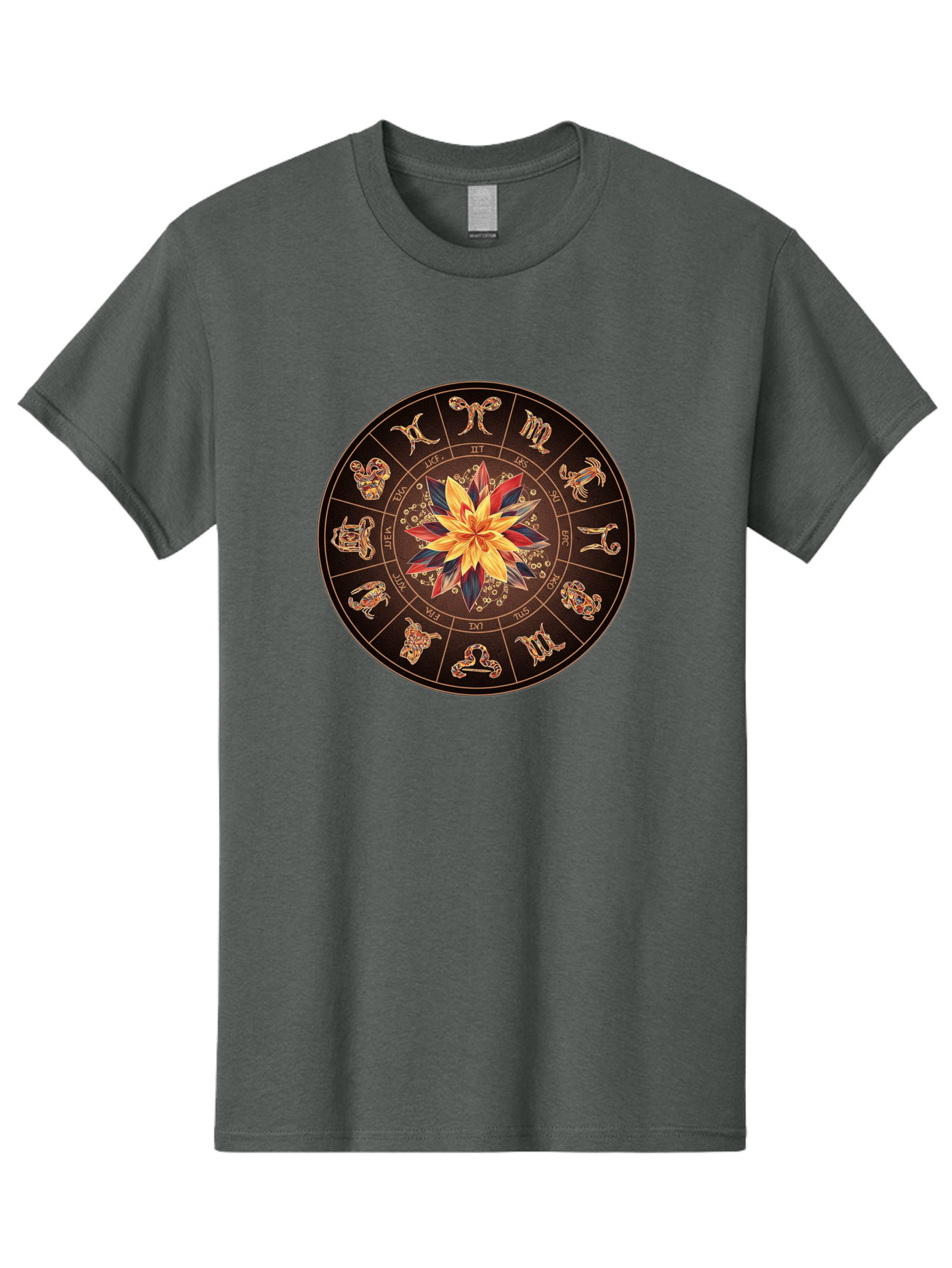 Zodiac-Wheel Men'S Graphic Tee, 100% Cotton, Comfortable Casual Summer Wear, Machine Washable, Zodiac Wheel, Astrology Symbols, Star Signs, Mystical Design, Colorful Flower, Gold Accents, Spiritual Significance, Celestial Body, Bae345