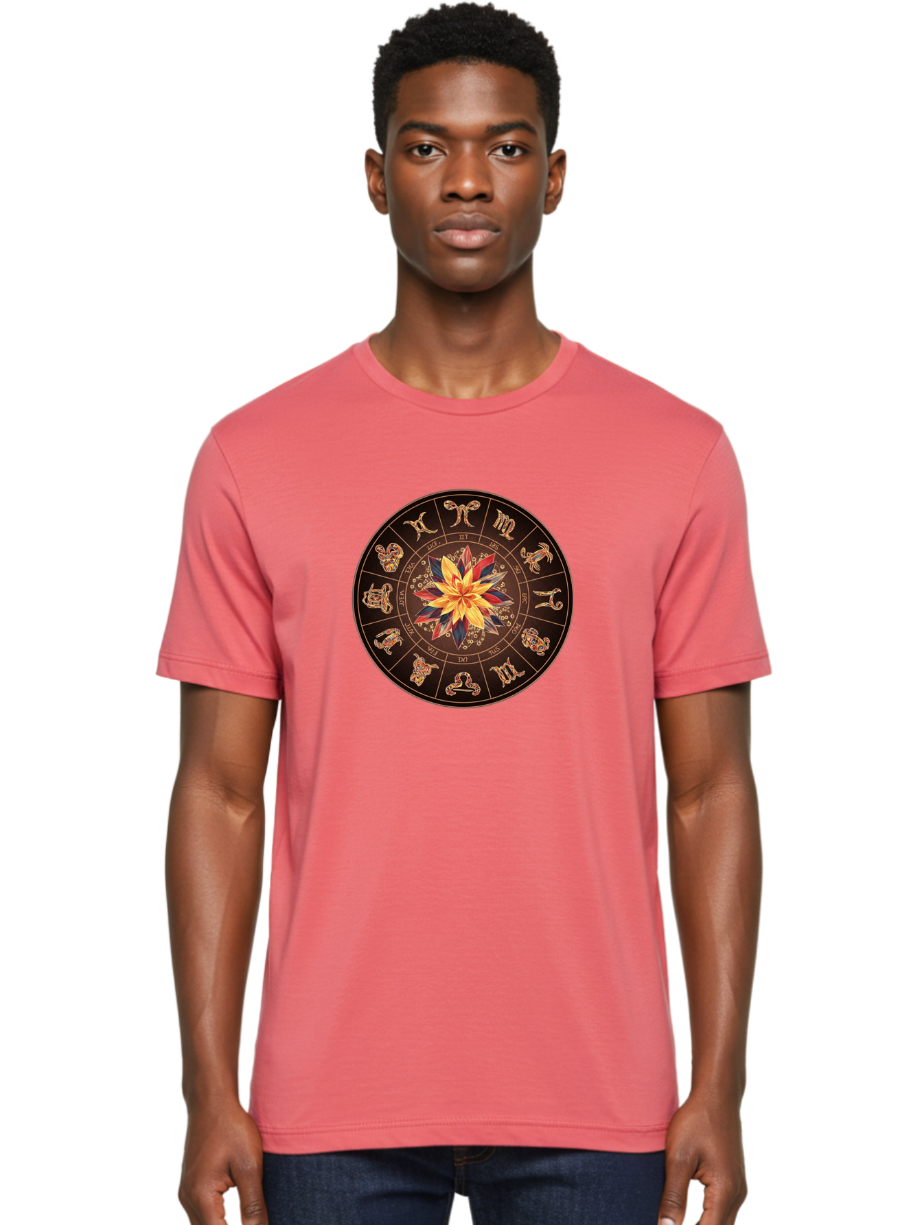 Zodiac-Wheel Men'S Graphic Tee, 100% Cotton, Comfortable Casual Summer Wear, Machine Washable, Zodiac Wheel, Astrology Symbols, Star Signs, Mystical Design, Colorful Flower, Gold Accents, Spiritual Significance, Celestial Body, Bae345