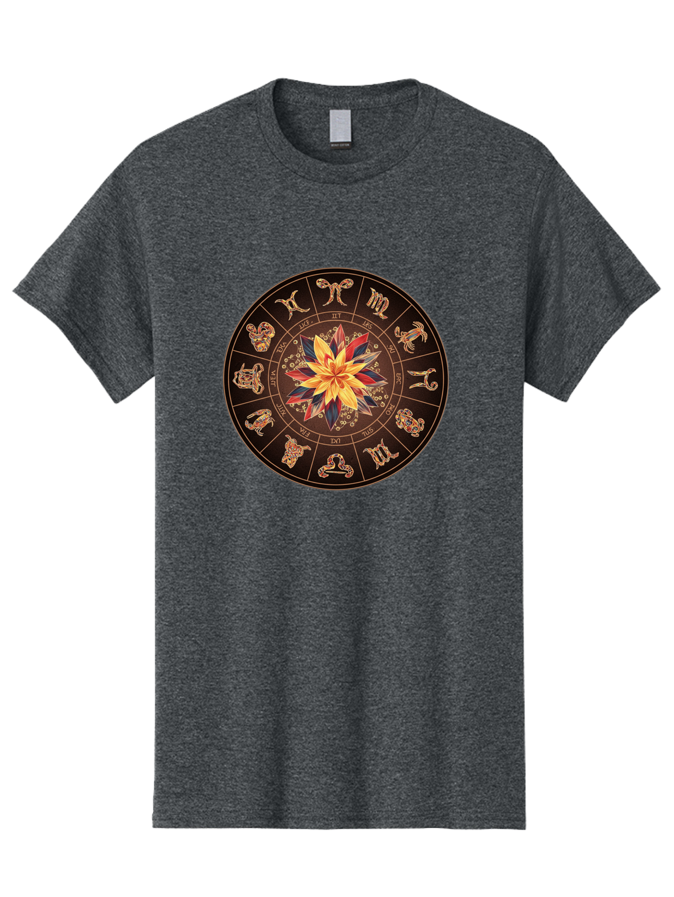 Zodiac-Wheel Men'S Graphic Tee, 100% Cotton, Comfortable Casual Summer Wear, Machine Washable, Zodiac Wheel, Astrology Symbols, Star Signs, Mystical Design, Colorful Flower, Gold Accents, Spiritual Significance, Celestial Body, Bae345