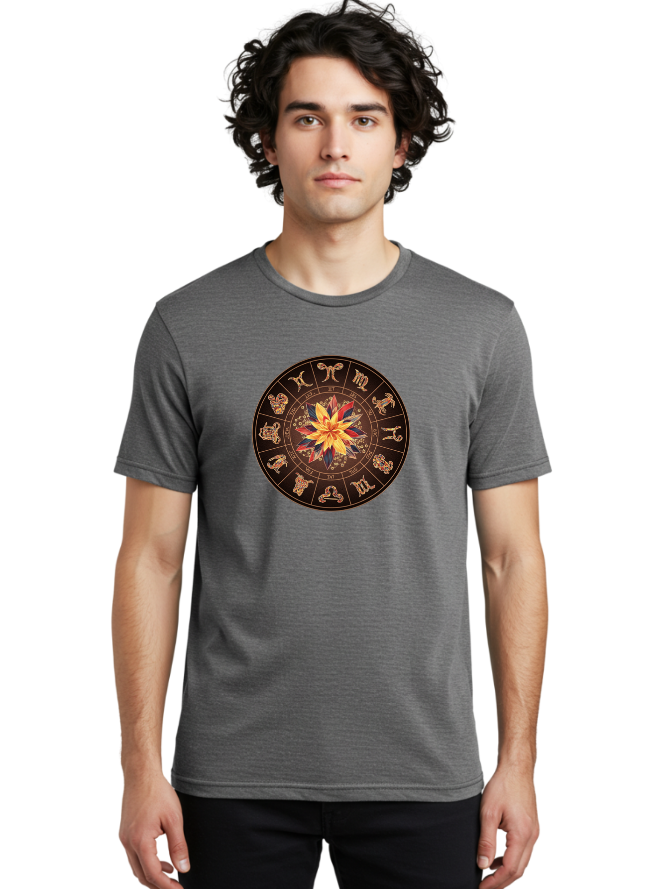 Zodiac-Wheel Men'S Graphic Tee, 100% Cotton, Comfortable Casual Summer Wear, Machine Washable, Zodiac Wheel, Astrology Symbols, Star Signs, Mystical Design, Colorful Flower, Gold Accents, Spiritual Significance, Celestial Body, Bae345