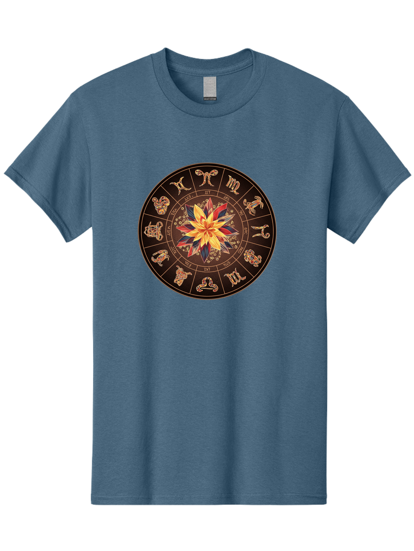 Zodiac-Wheel Men'S Graphic Tee, 100% Cotton, Comfortable Casual Summer Wear, Machine Washable, Zodiac Wheel, Astrology Symbols, Star Signs, Mystical Design, Colorful Flower, Gold Accents, Spiritual Significance, Celestial Body, Bae345