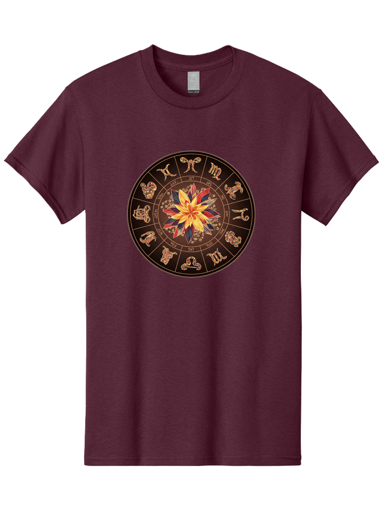 Zodiac-Wheel Men'S Graphic Tee, 100% Cotton, Comfortable Casual Summer Wear, Machine Washable, Zodiac Wheel, Astrology Symbols, Star Signs, Mystical Design, Colorful Flower, Gold Accents, Spiritual Significance, Celestial Body, Bae345