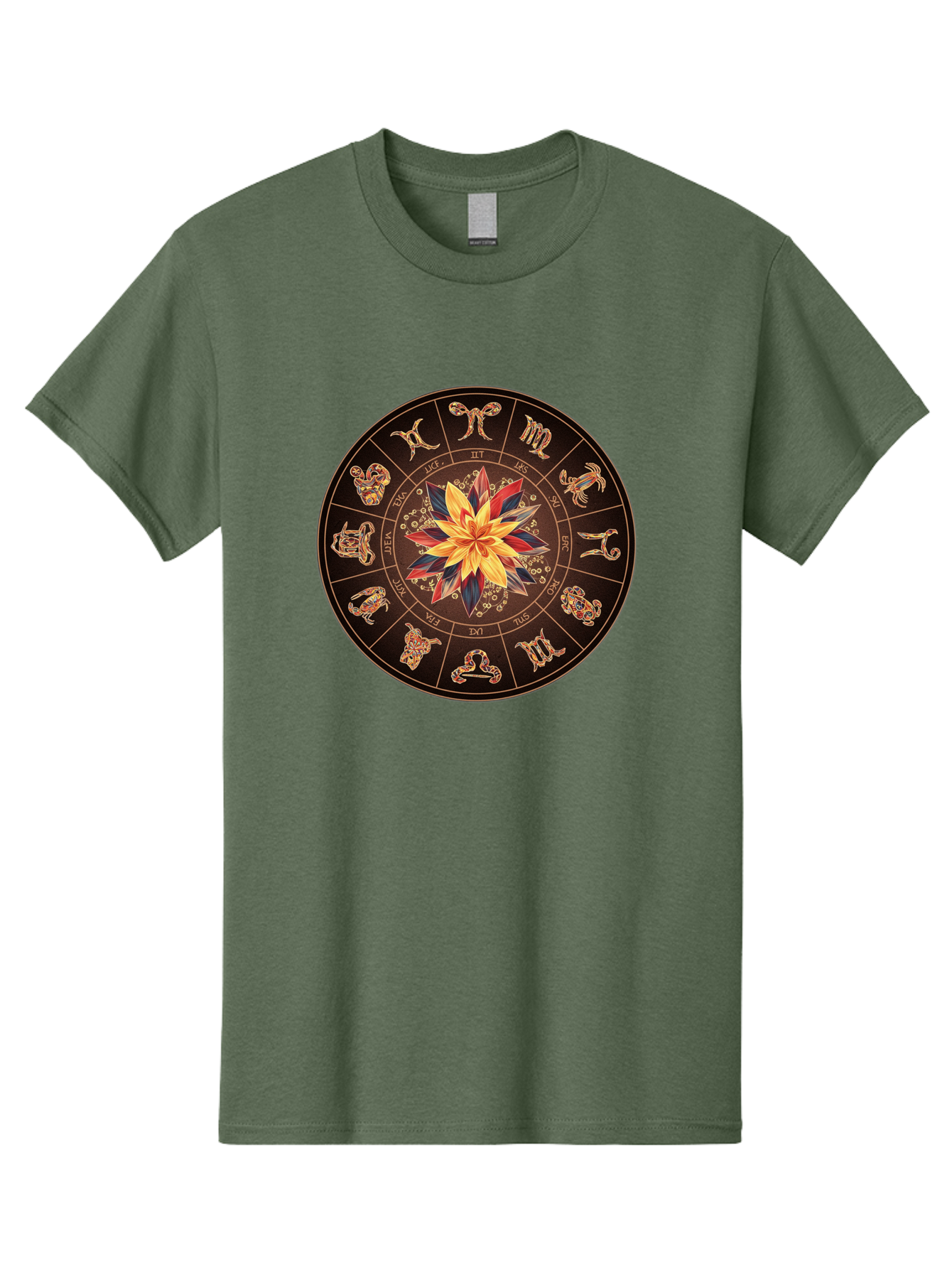 Zodiac-Wheel Men'S Graphic Tee, 100% Cotton, Comfortable Casual Summer Wear, Machine Washable, Zodiac Wheel, Astrology Symbols, Star Signs, Mystical Design, Colorful Flower, Gold Accents, Spiritual Significance, Celestial Body, Bae345