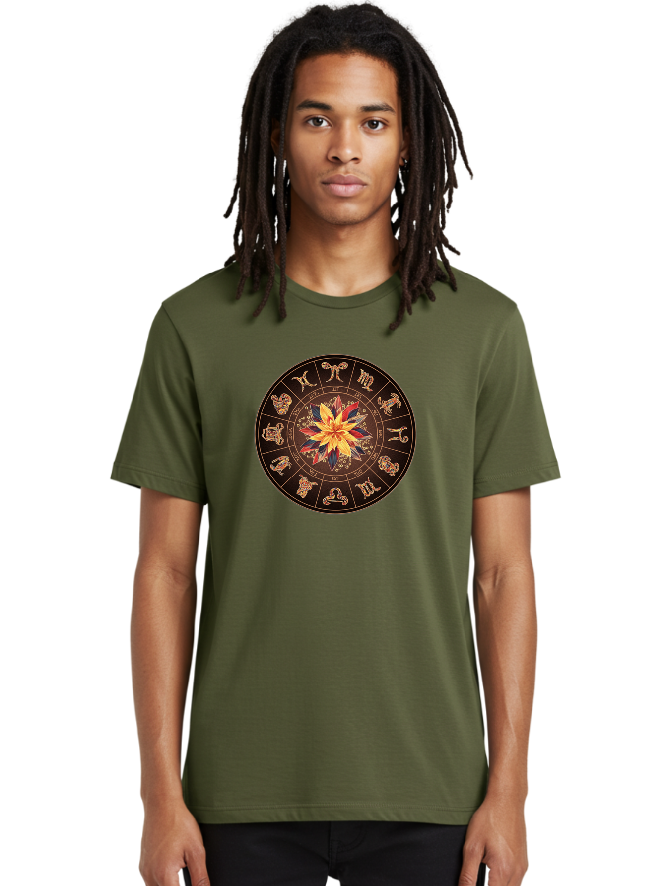 Zodiac-Wheel Men'S Graphic Tee, 100% Cotton, Comfortable Casual Summer Wear, Machine Washable, Zodiac Wheel, Astrology Symbols, Star Signs, Mystical Design, Colorful Flower, Gold Accents, Spiritual Significance, Celestial Body, Bae345