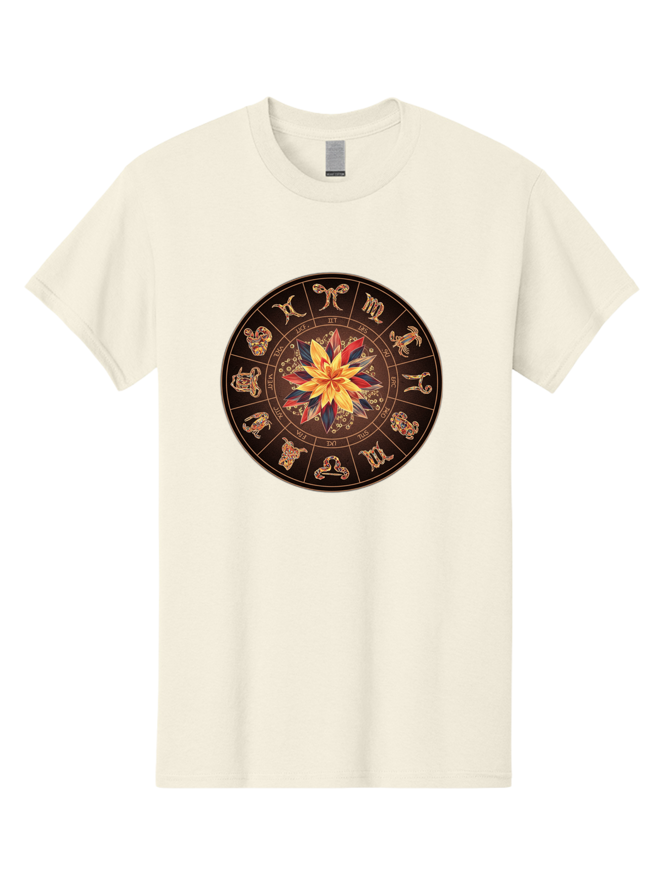 Zodiac-Wheel Men'S Graphic Tee, 100% Cotton, Comfortable Casual Summer Wear, Machine Washable, Zodiac Wheel, Astrology Symbols, Star Signs, Mystical Design, Colorful Flower, Gold Accents, Spiritual Significance, Celestial Body, Bae345