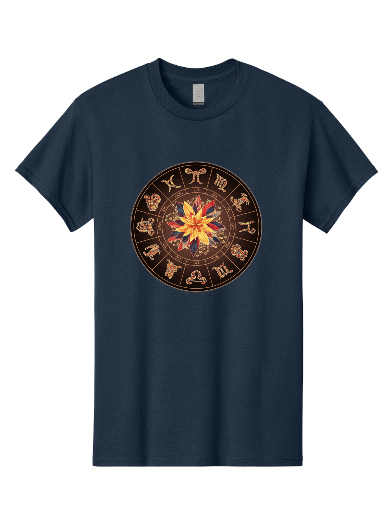 Zodiac-Wheel Men'S Graphic Tee, 100% Cotton, Comfortable Casual Summer Wear, Machine Washable, Zodiac Wheel, Astrology Symbols, Star Signs, Mystical Design, Colorful Flower, Gold Accents, Spiritual Significance, Celestial Body, Bae345